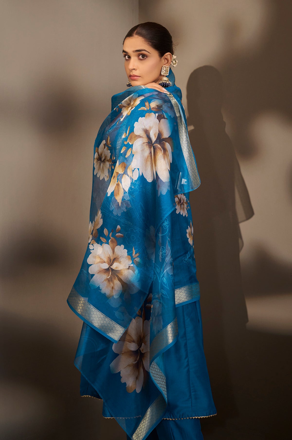 Women Blue Cotton Embroidered Straight Anarkali Kurta Set with Printed Organza Dupatta & Pants