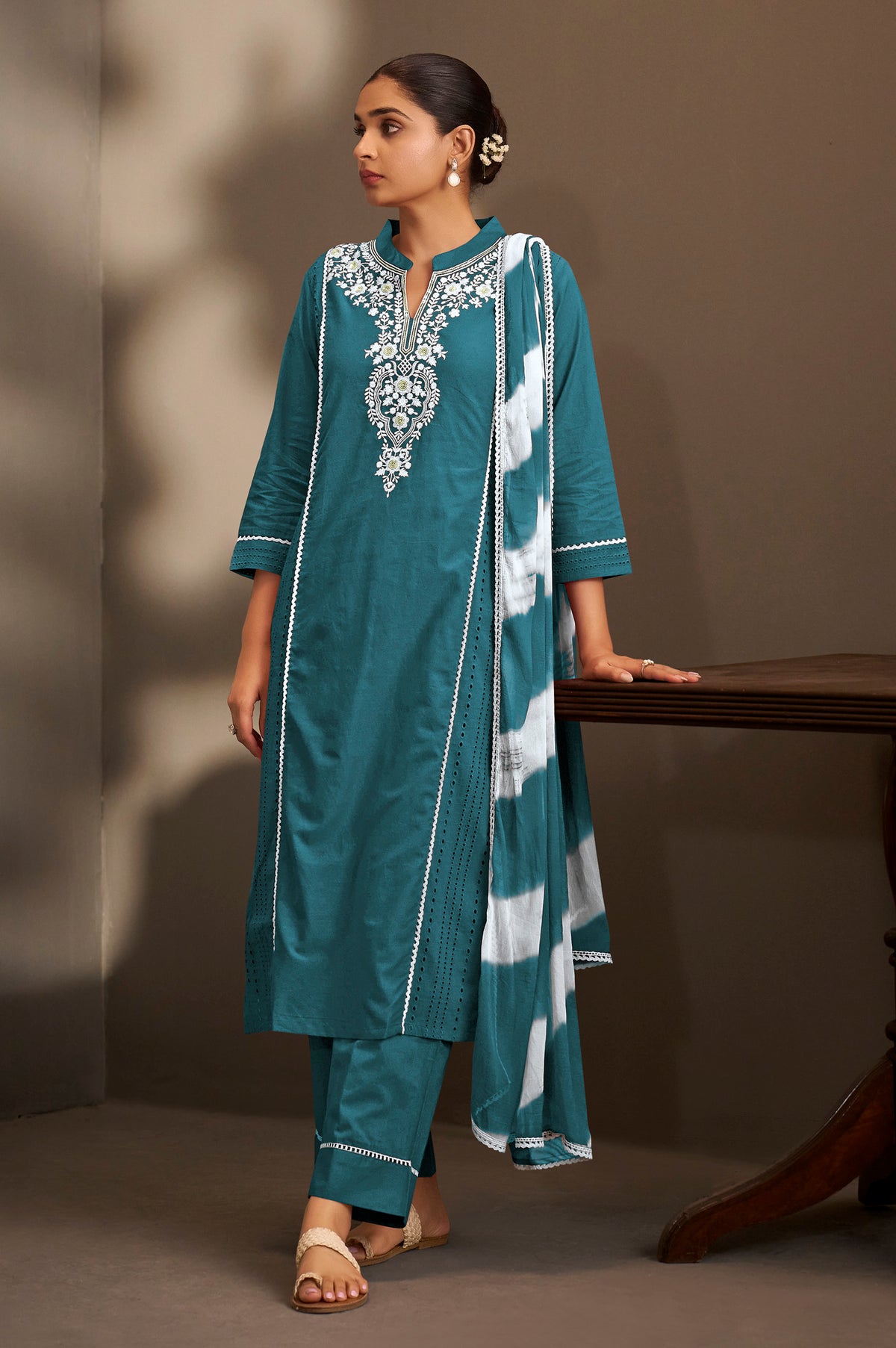 Rama Pure Cotton Schiffli Embroidered Straight Kurta Set with Cotton Pants & Najmin Chiffon Dupatta
