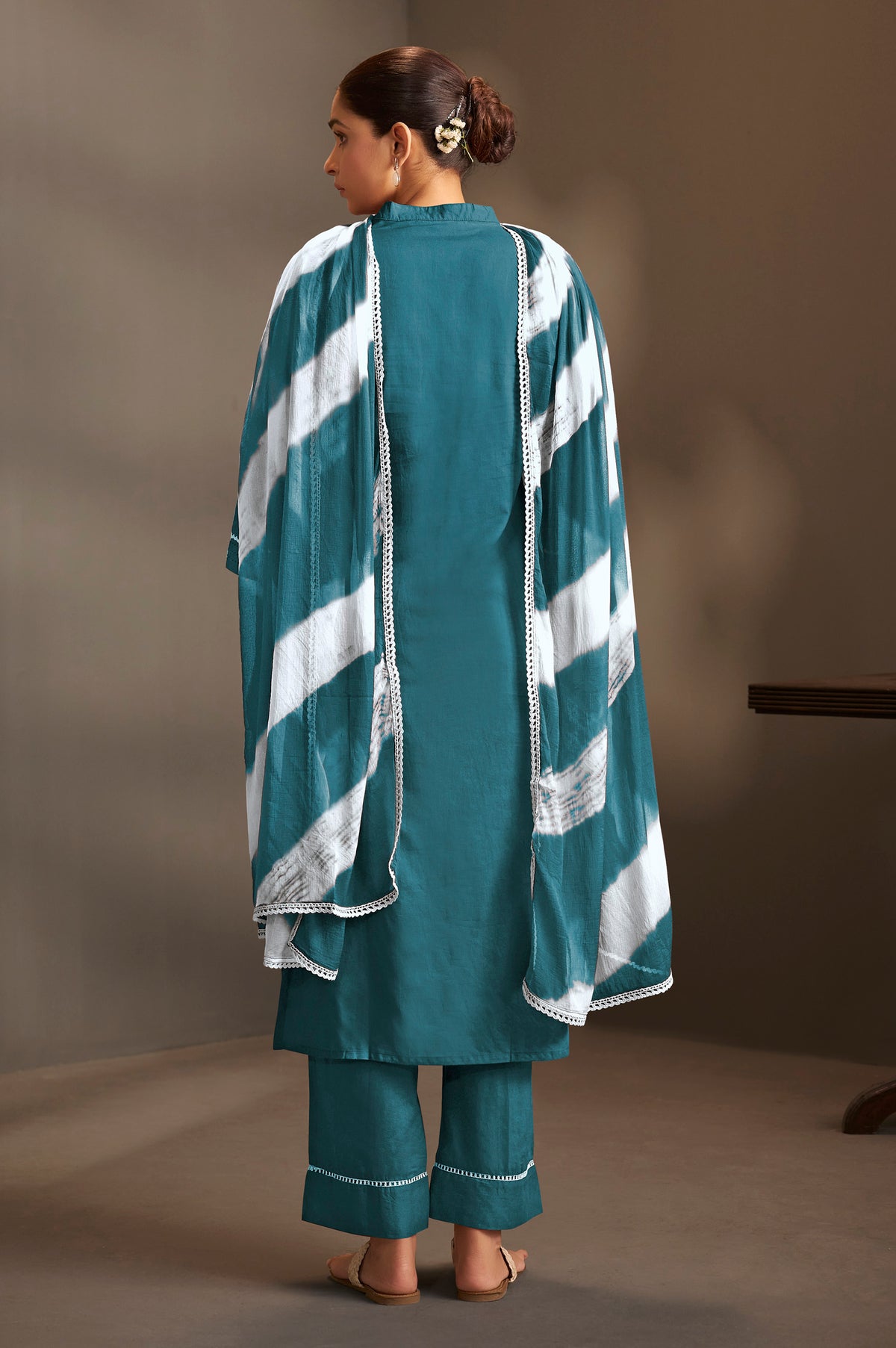 Rama Pure Cotton Schiffli Embroidered Straight Kurta Set with Cotton Pants & Najmin Chiffon Dupatta