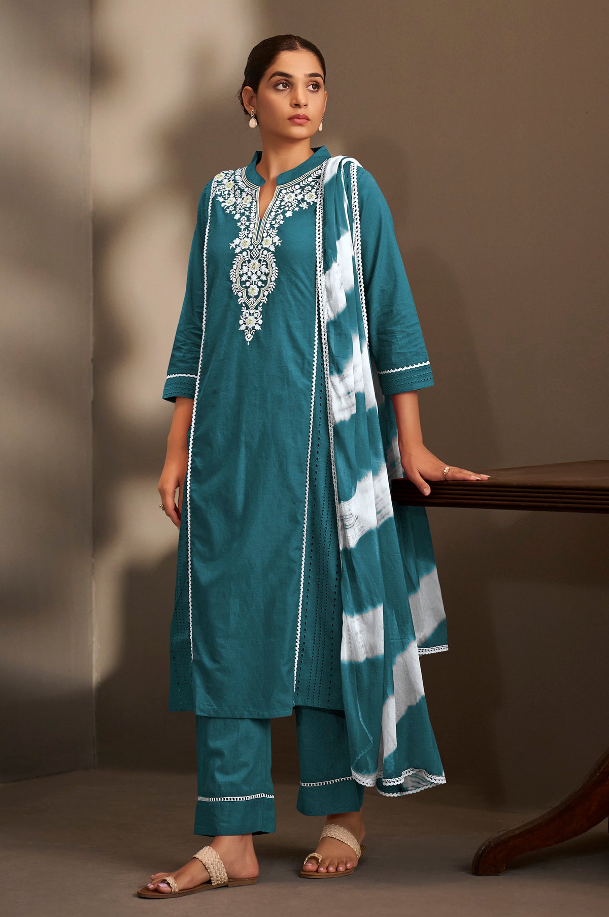 Rama Pure Cotton Schiffli Embroidered Straight Kurta Set with Cotton Pants & Najmin Chiffon Dupatta