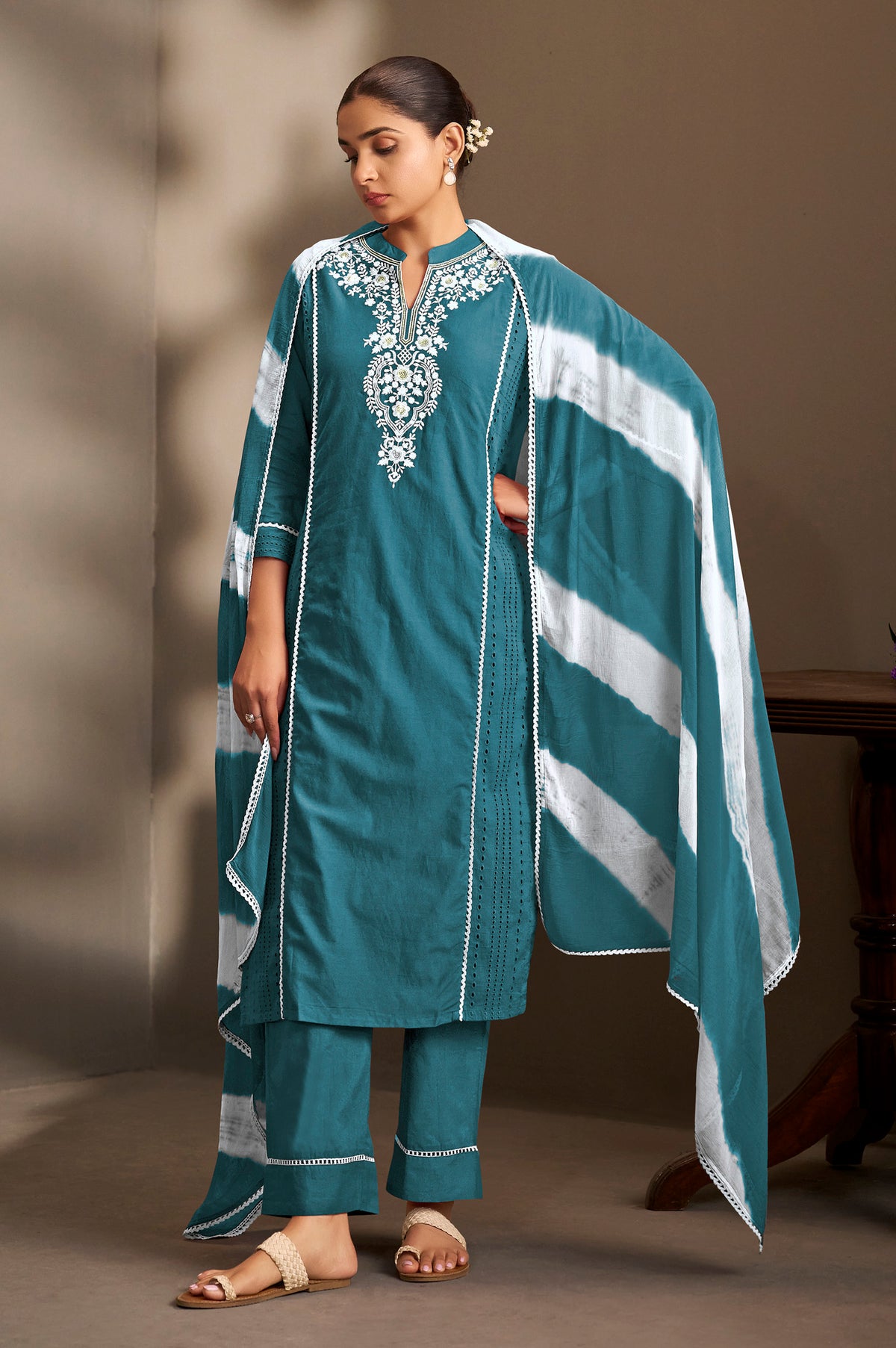 Rama Pure Cotton Schiffli Embroidered Straight Kurta Set with Cotton Pants & Najmin Chiffon Dupatta