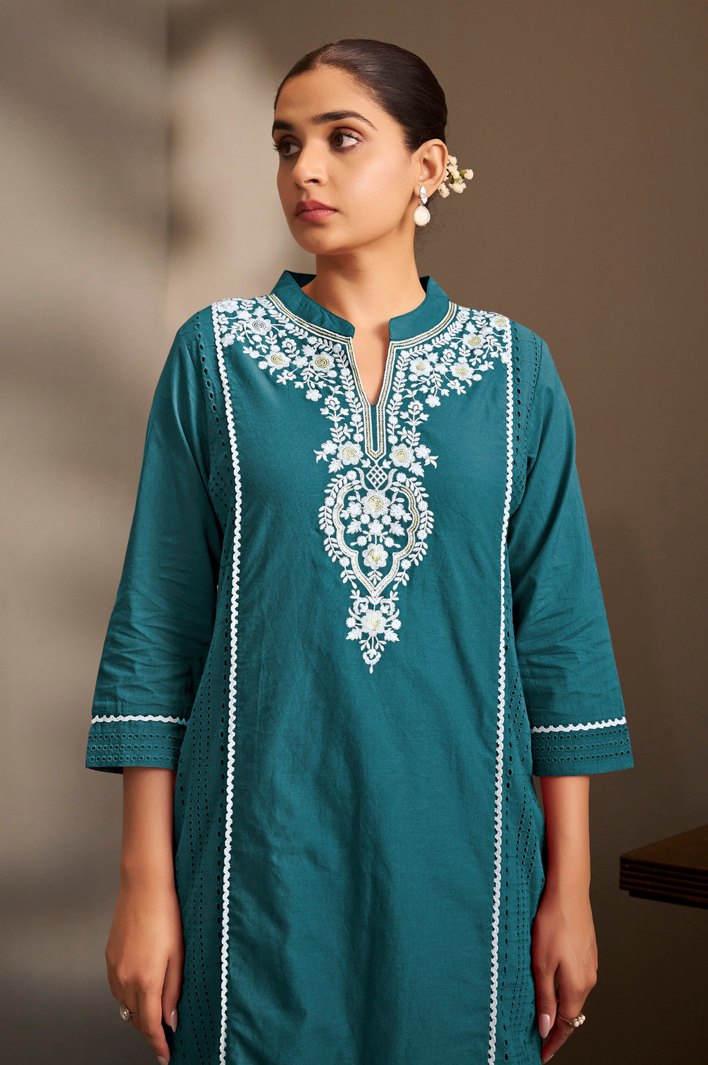 Rama Pure Cotton Schiffli Embroidered Straight Kurta Set with Cotton Pants & Najmin Chiffon Dupatta