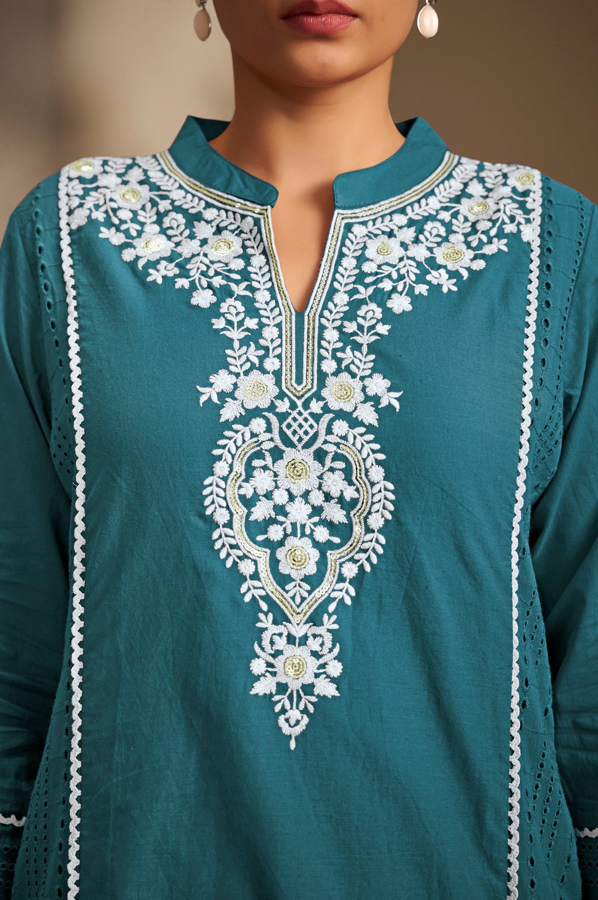 Rama Pure Cotton Schiffli Embroidered Straight Kurta Set with Cotton Pants & Najmin Chiffon Dupatta