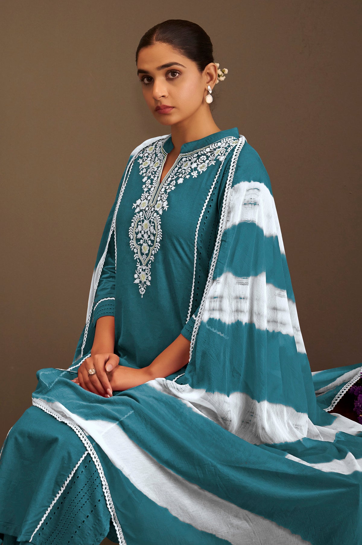 Rama Pure Cotton Schiffli Embroidered Straight Kurta Set with Cotton Pants & Najmin Chiffon Dupatta