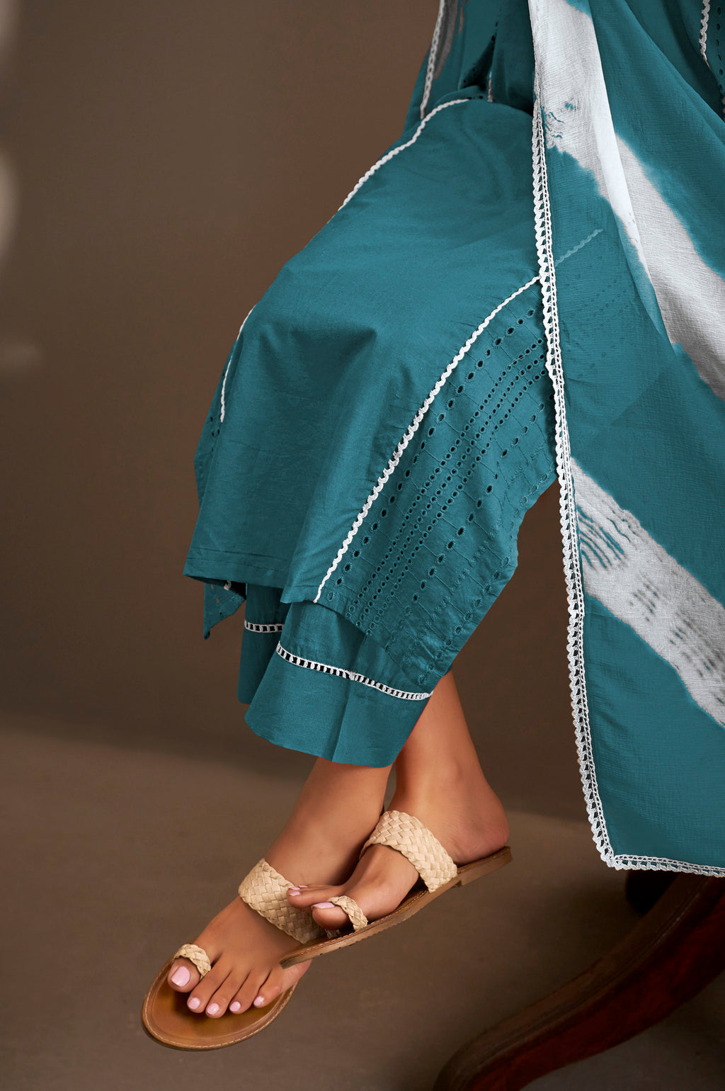 Rama Pure Cotton Schiffli Embroidered Straight Kurta Set with Cotton Pants & Najmin Chiffon Dupatta