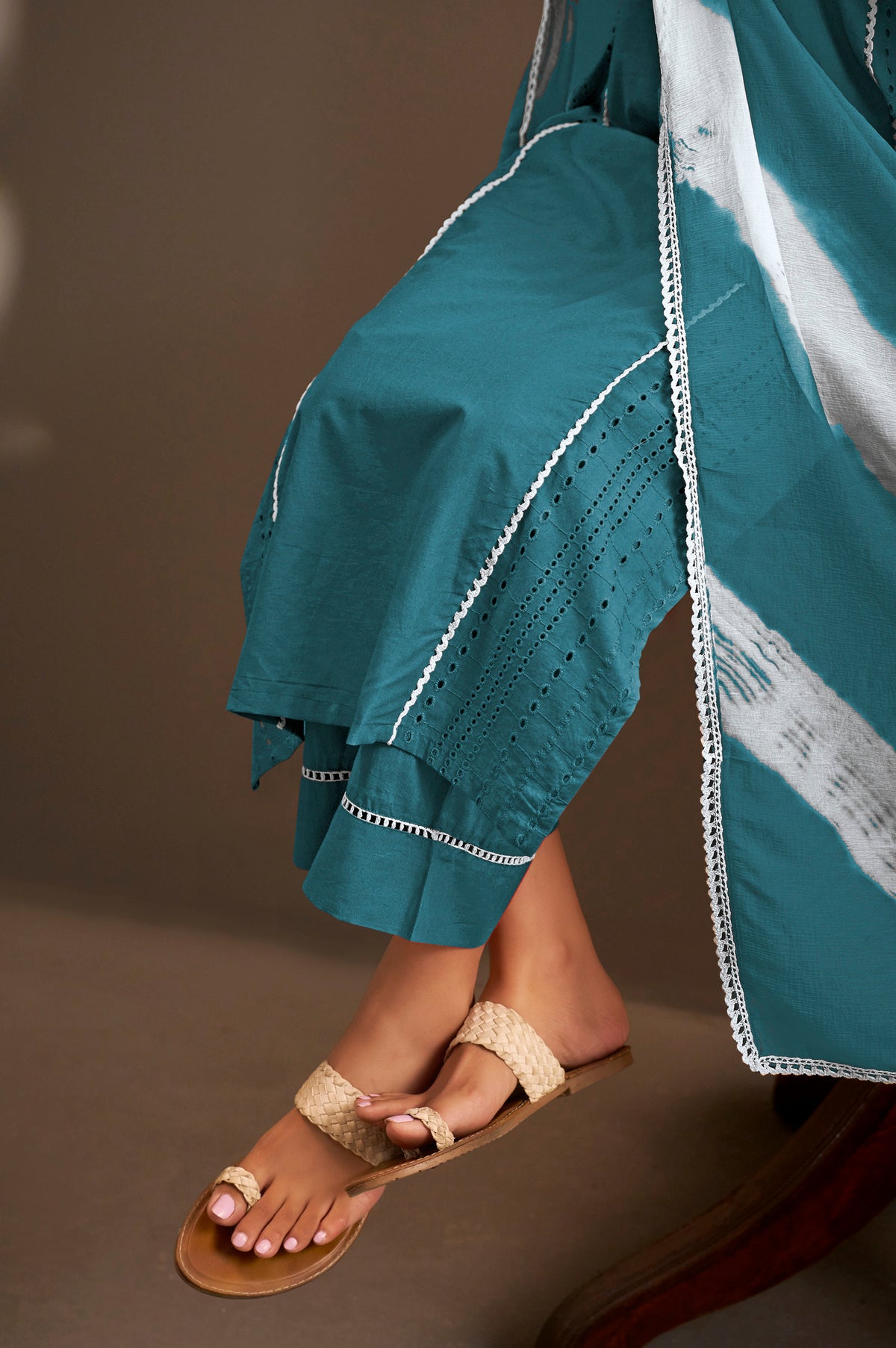 Rama Pure Cotton Schiffli Embroidered Straight Kurta Set with Cotton Pants & Najmin Chiffon Dupatta