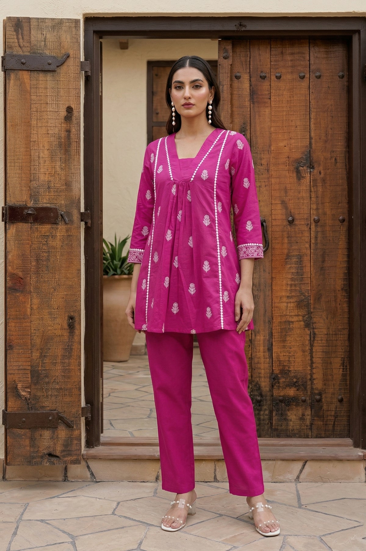 Baby Pink Pure Cotton Printed Fit & Flare Co-ord Set