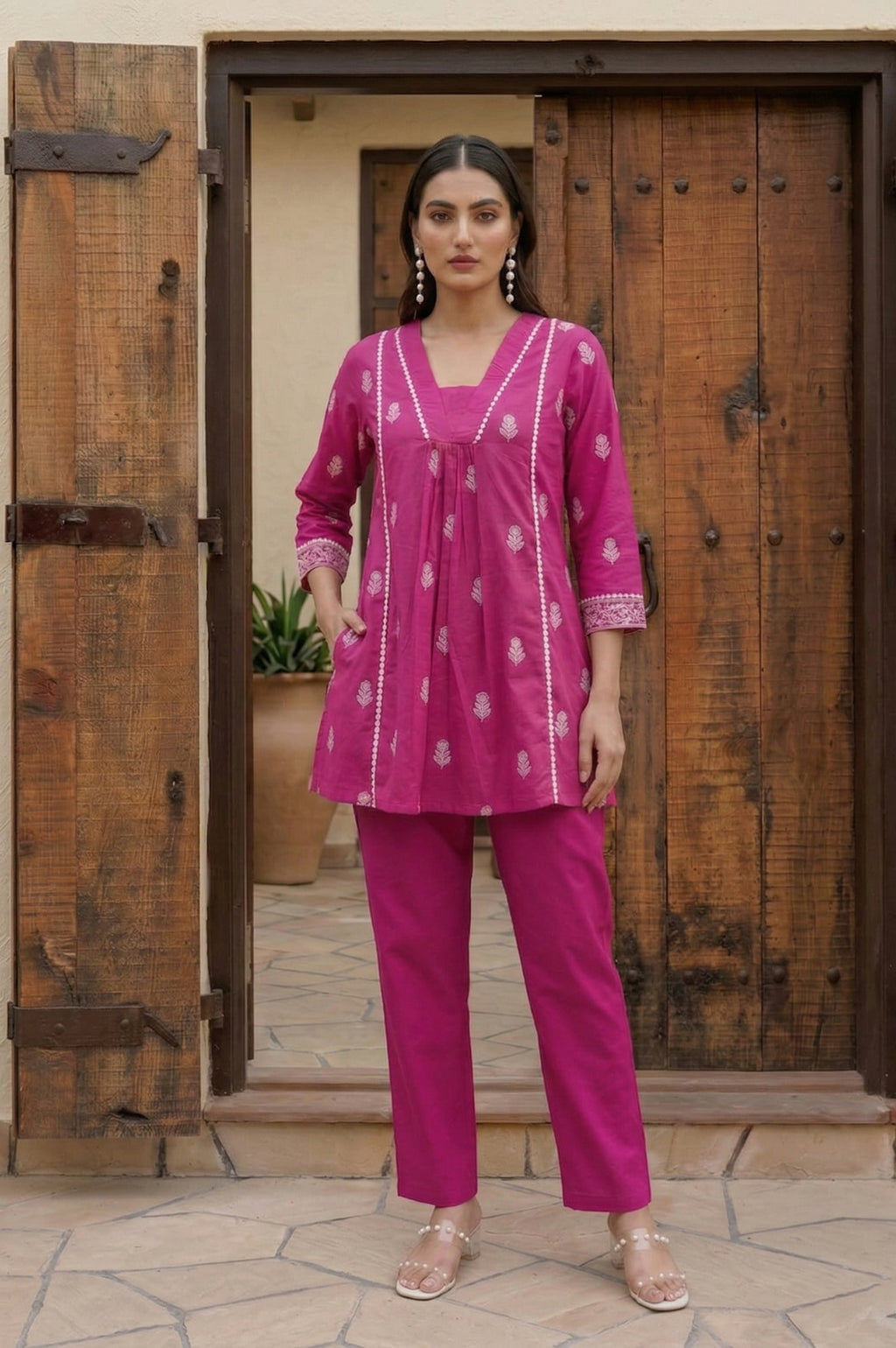 Baby Pink Pure Cotton Printed Fit & Flare Co-ord Set