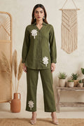 Dark Green Pure Cotton Embroidered Butta Straight Co-ord Set