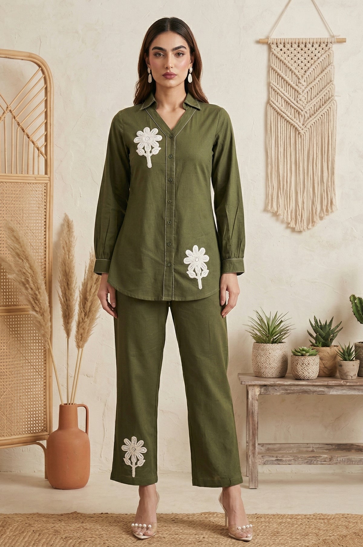 Dark Green Pure Cotton Embroidered Butta Straight Co-ord Set