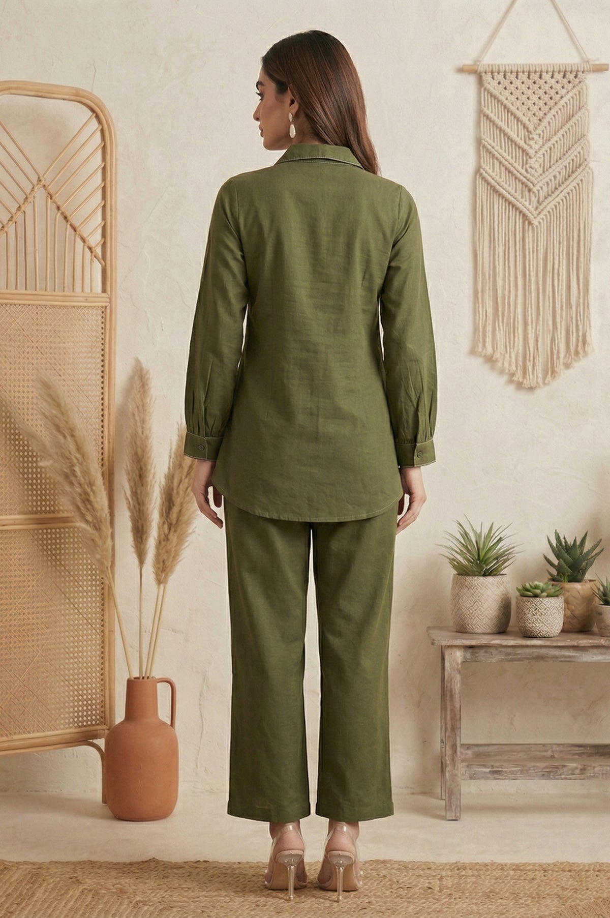 Dark Green Pure Cotton Embroidered Butta Straight Co-ord Set