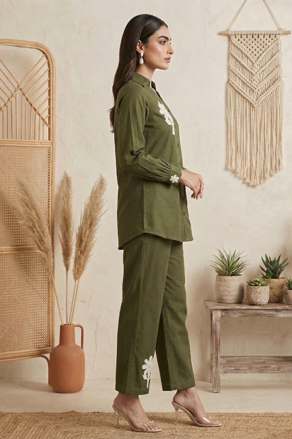Dark Green Pure Cotton Embroidered Butta Straight Co-ord Set