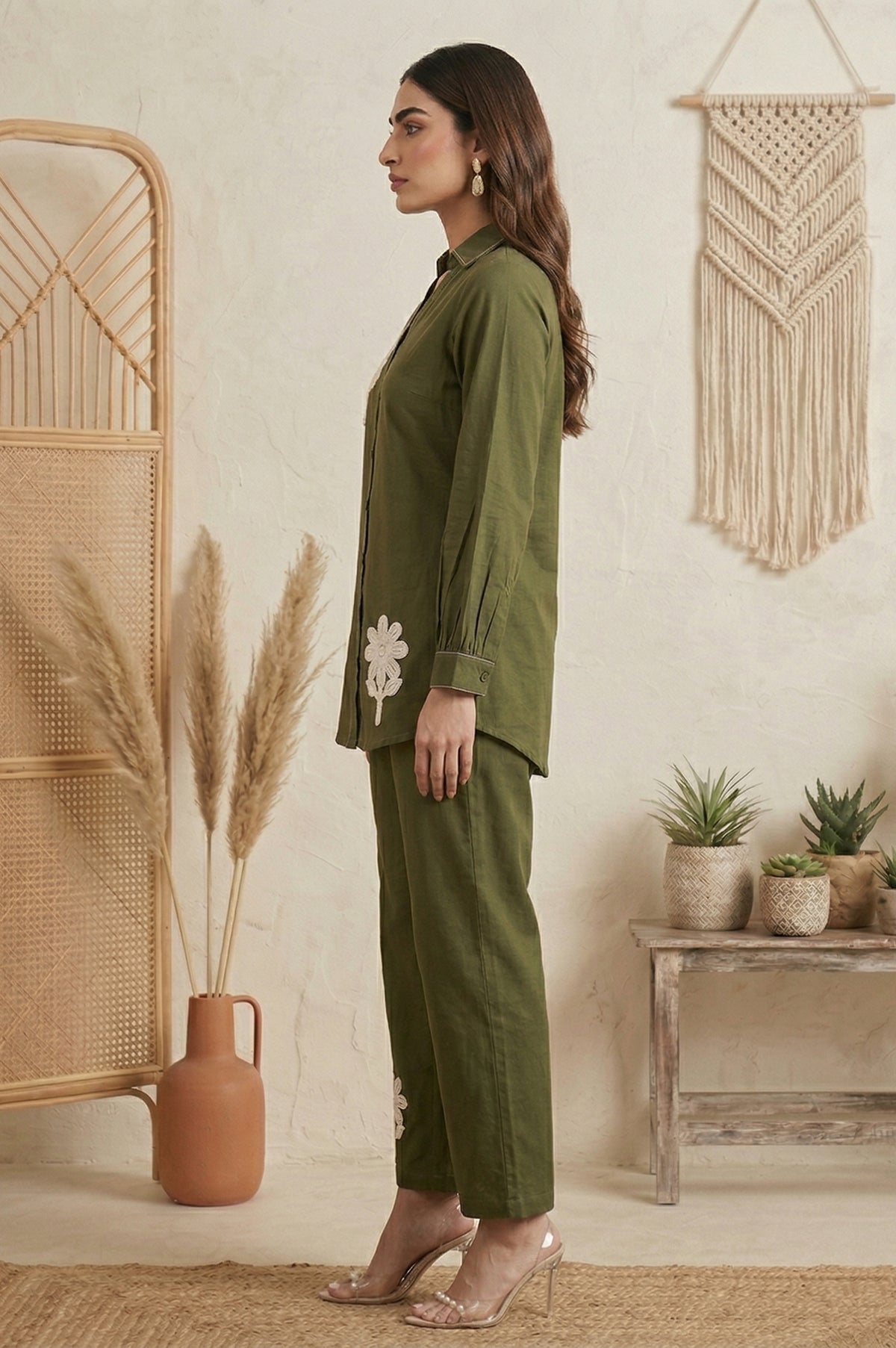Dark Green Pure Cotton Embroidered Butta Straight Co-ord Set