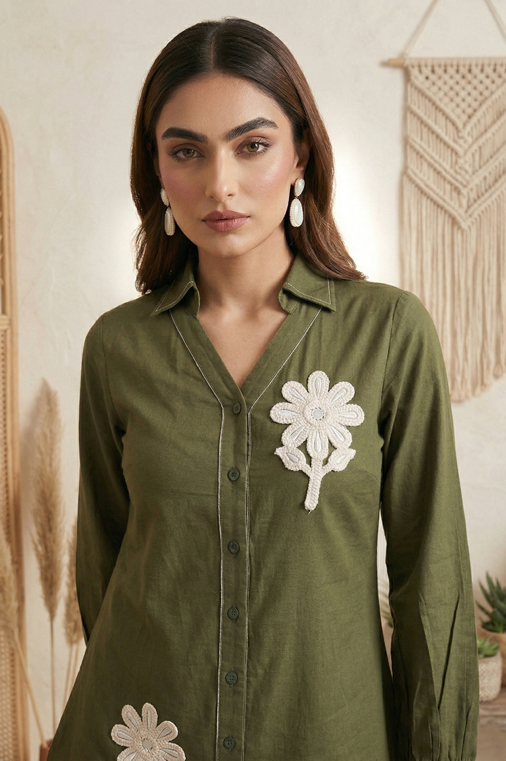 Dark Green Pure Cotton Embroidered Butta Straight Co-ord Set