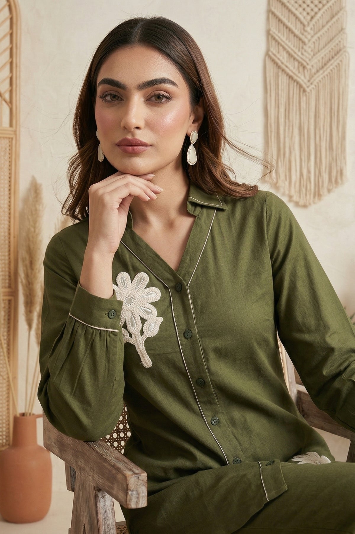 Dark Green Pure Cotton Embroidered Butta Straight Co-ord Set