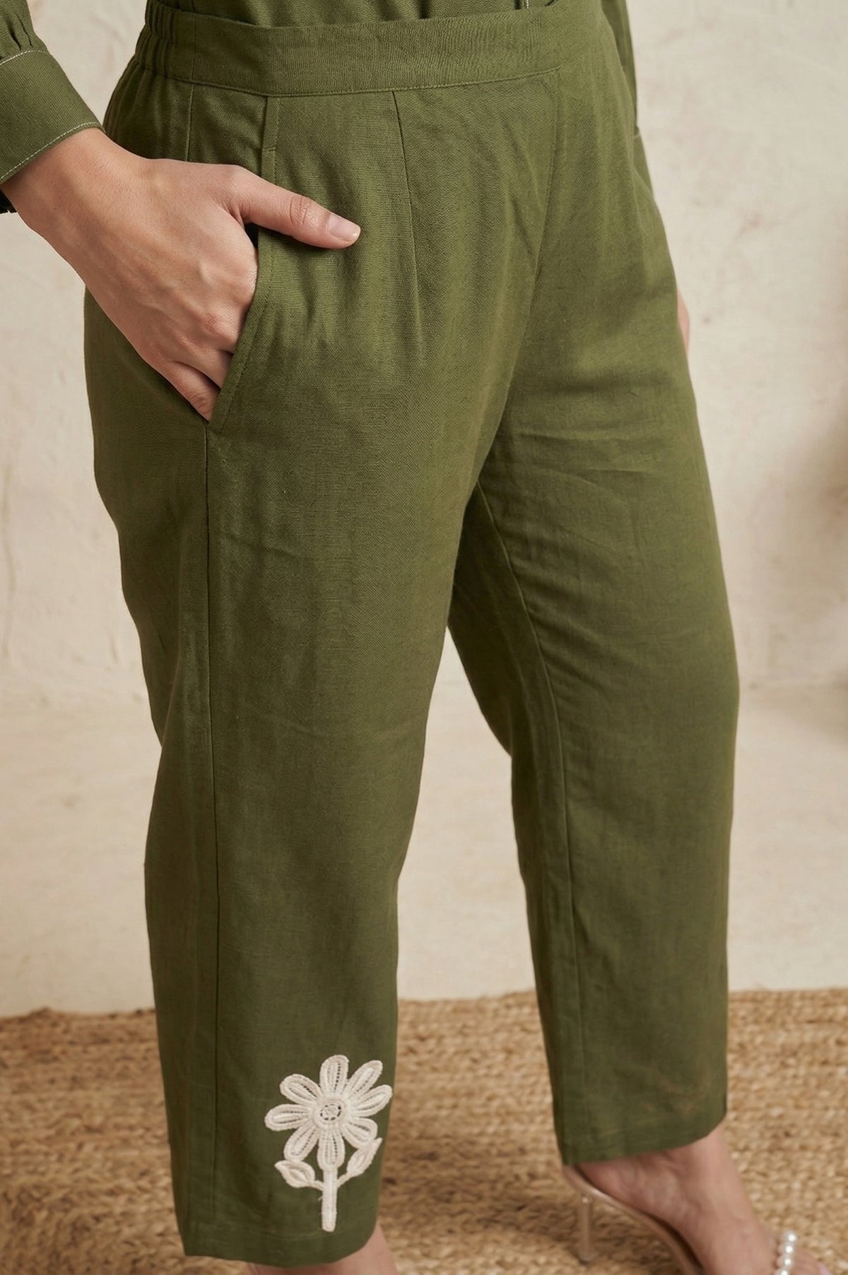 Dark Green Pure Cotton Embroidered Butta Straight Co-ord Set