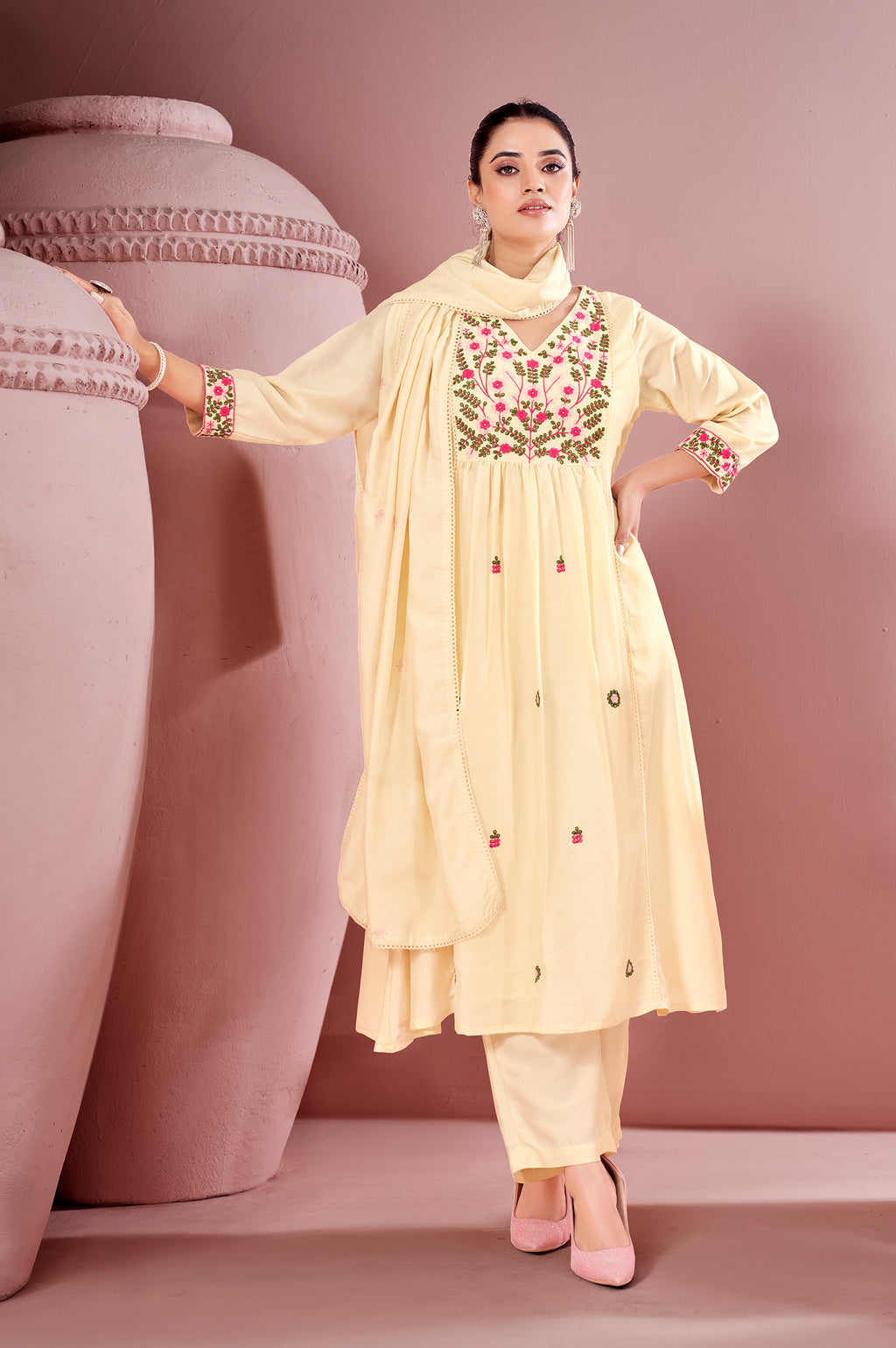 White Pure Cotton Embroidered Kurta Set with Dupatta