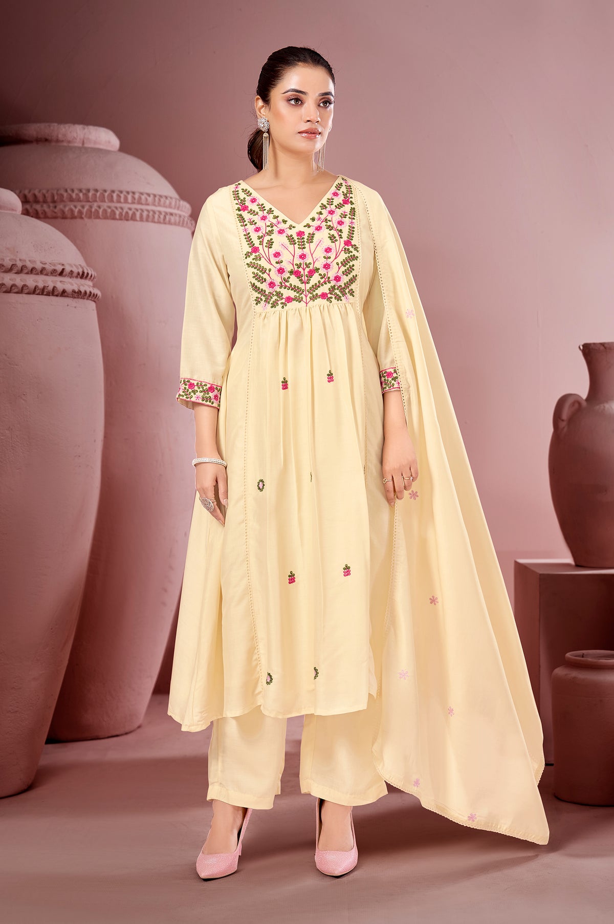 White Pure Cotton Embroidered Kurta Set with Dupatta