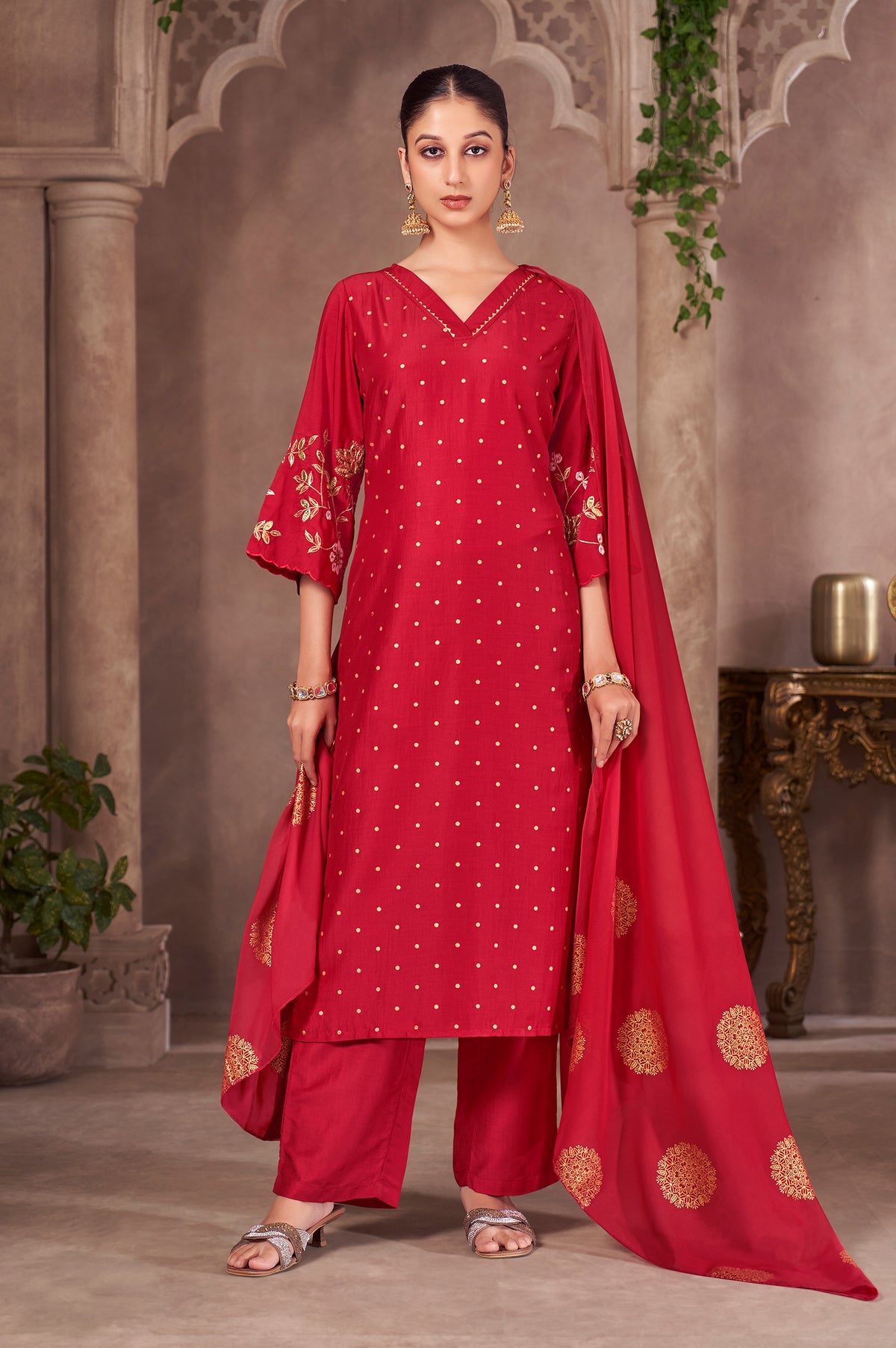 Red Chinnon Embroidered Straight Kurta Set