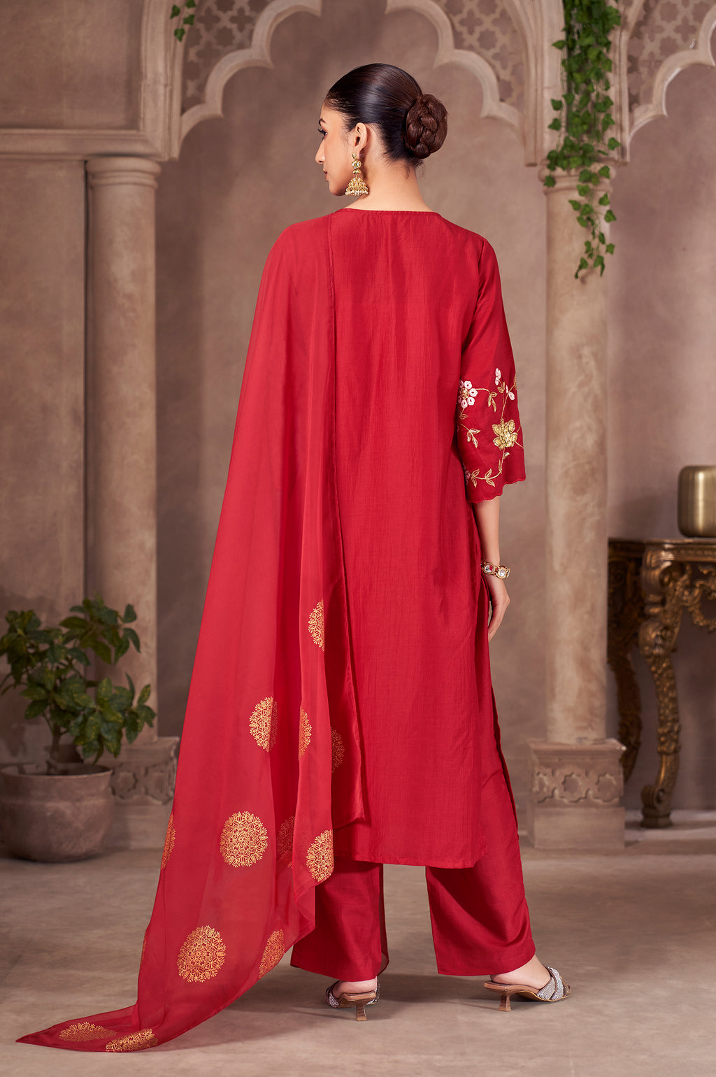 Red Chinnon Embroidered Straight Kurta Set