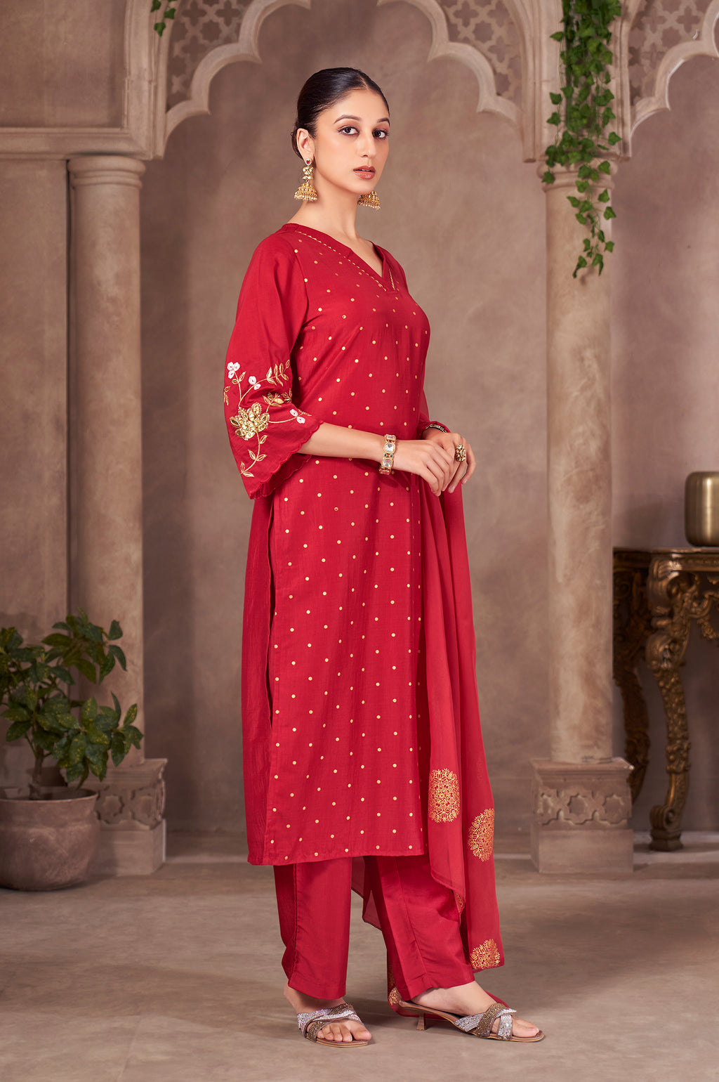 Red Chinnon Embroidered Straight Kurta Set