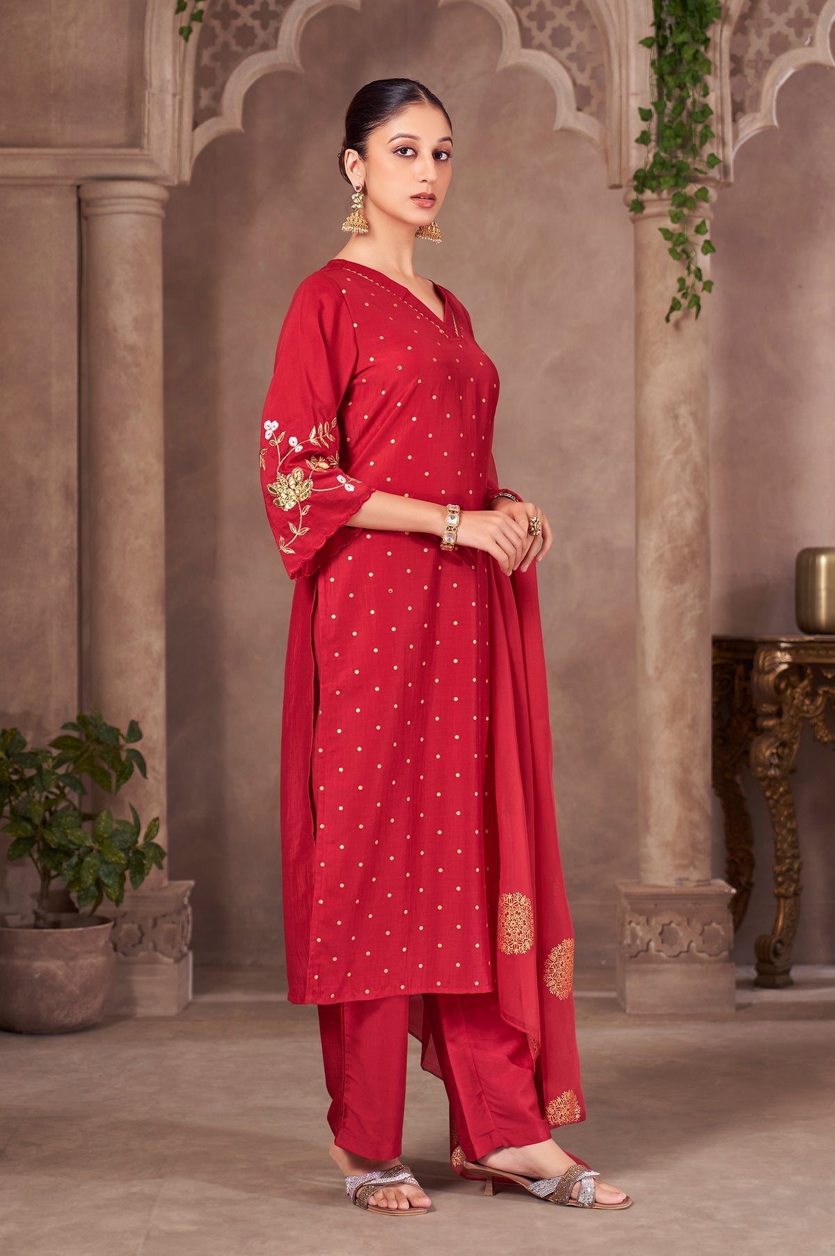 Red Chinnon Embroidered Straight Kurta Set