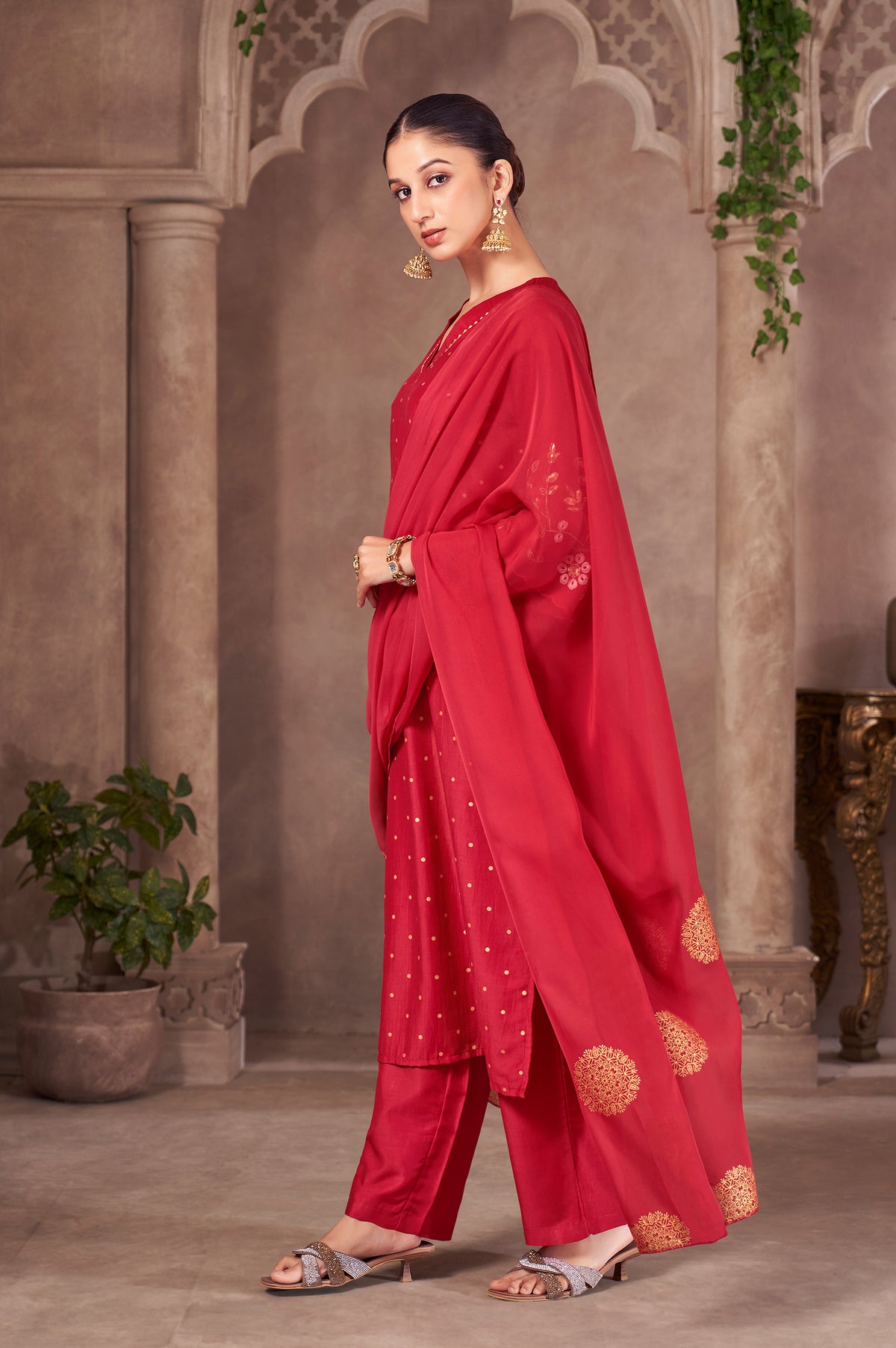 Red Chinnon Embroidered Straight Kurta Set