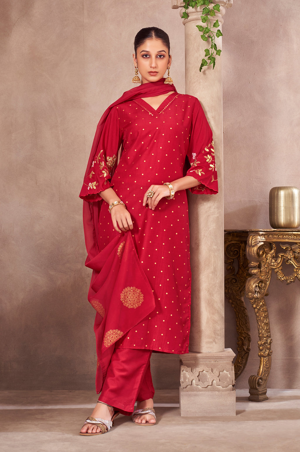 Red Chinnon Embroidered Straight Kurta Set