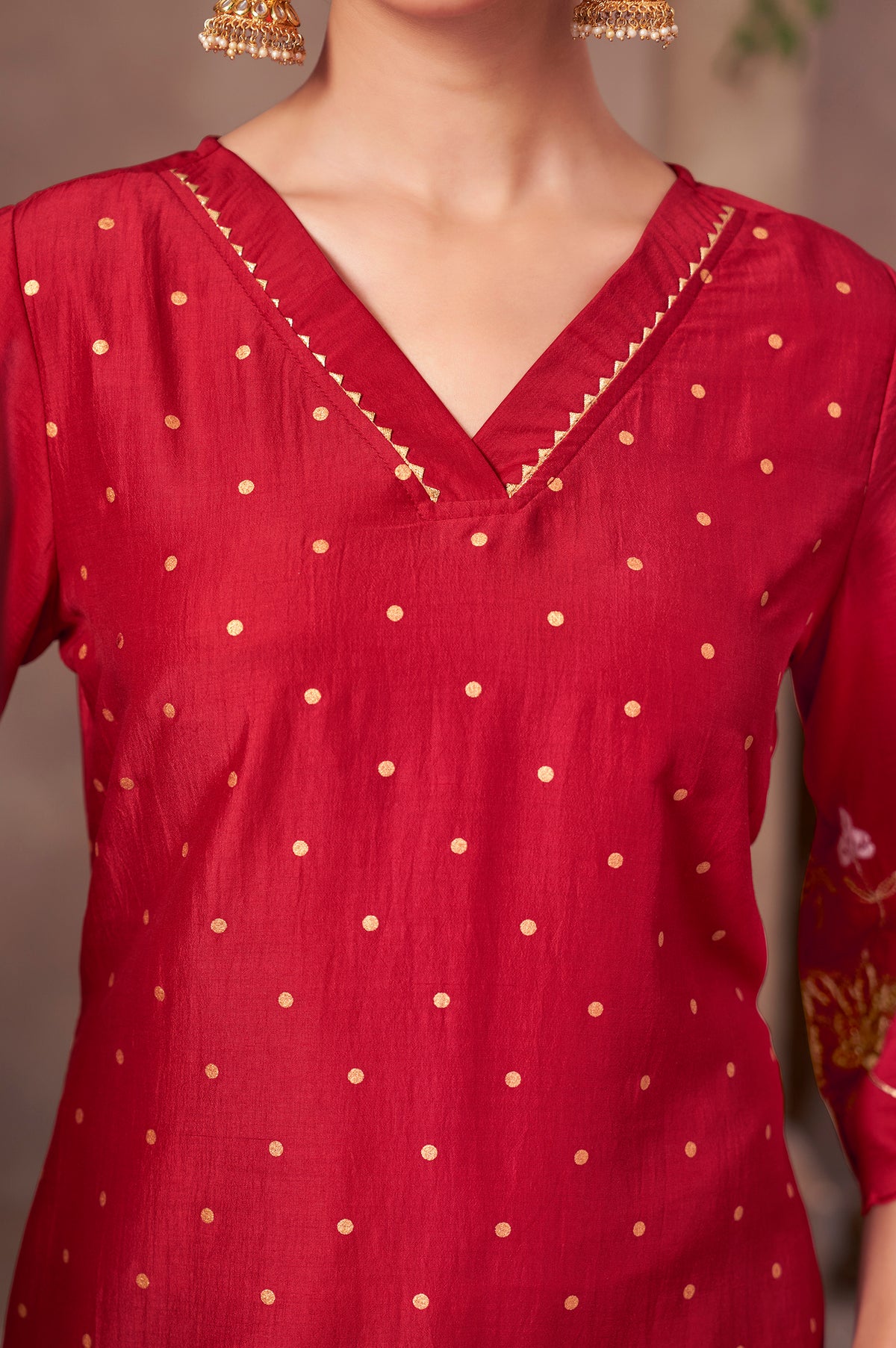 Red Chinnon Embroidered Straight Kurta Set