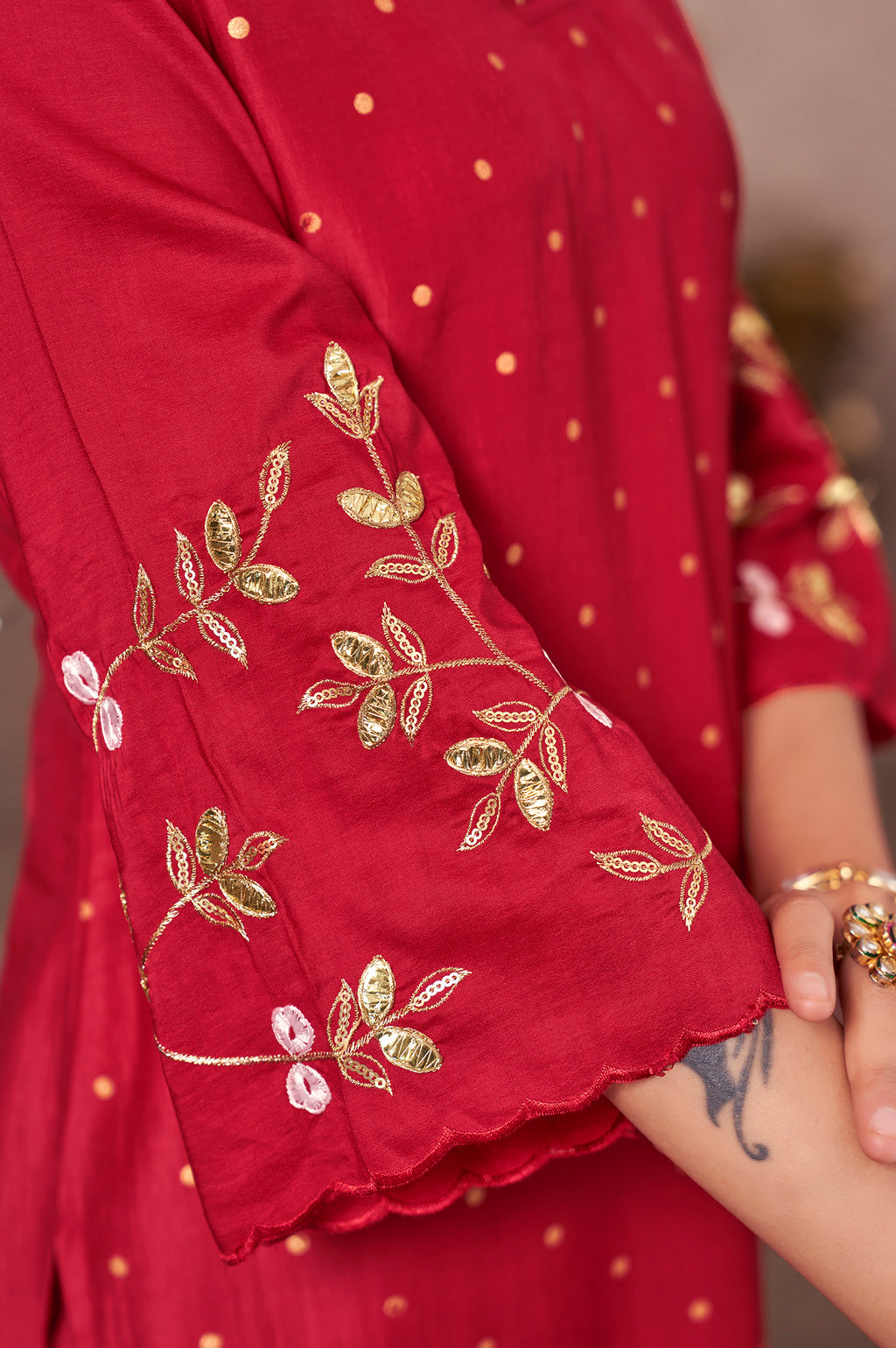 Red Chinnon Embroidered Straight Kurta Set