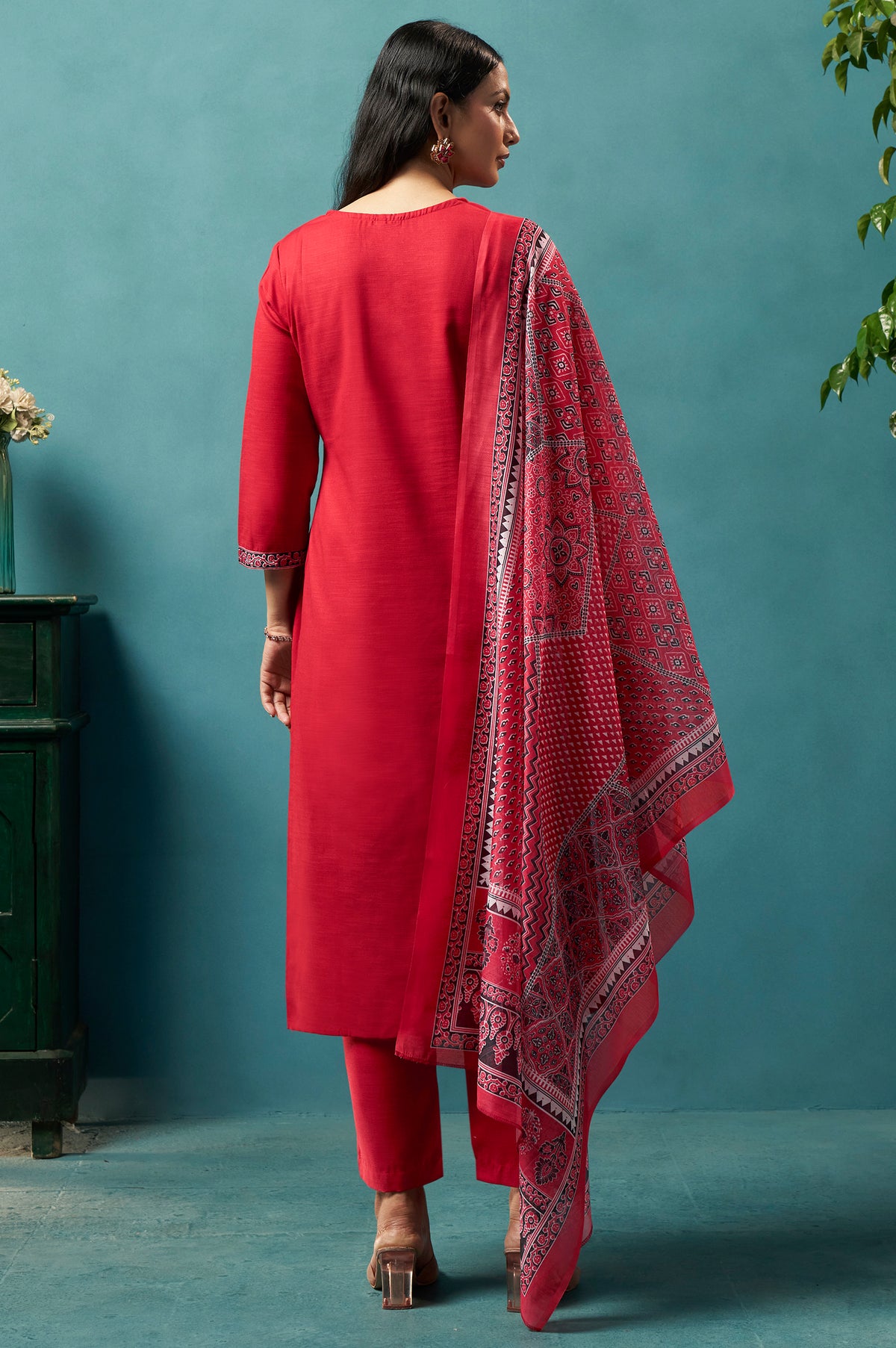 Red Cotton Blend Digital Printed Straight Kurta Set