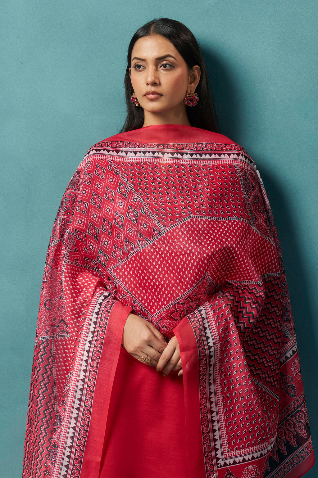 Red Cotton Blend Digital Printed Straight Kurta Set