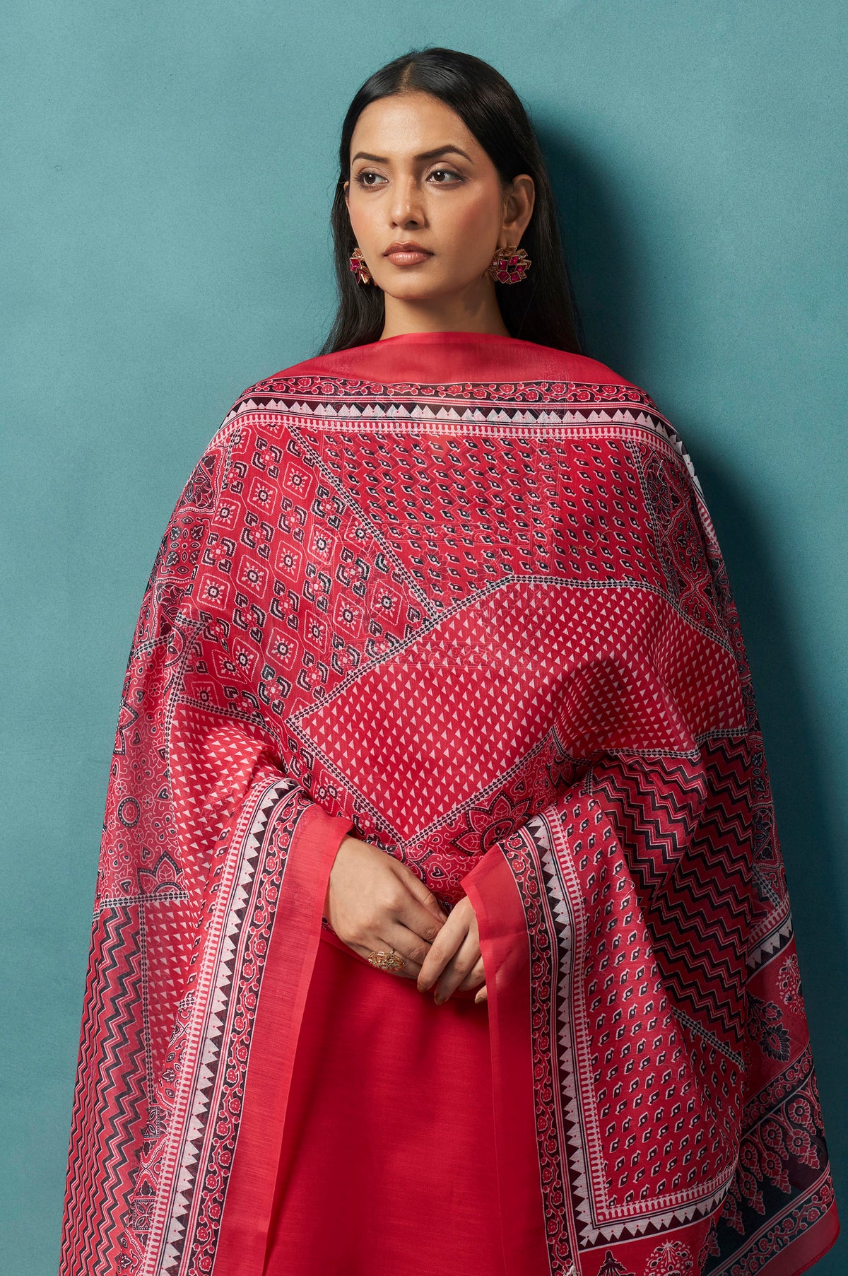 Red Cotton Blend Digital Printed Straight Kurta Set
