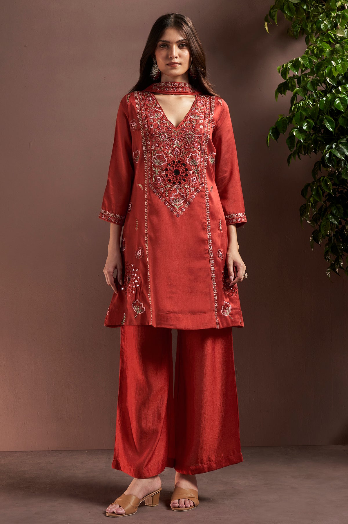 Rust Silk Blend Embroidered and Mirror work Straight Kurta Set with Choker Net Dupatta