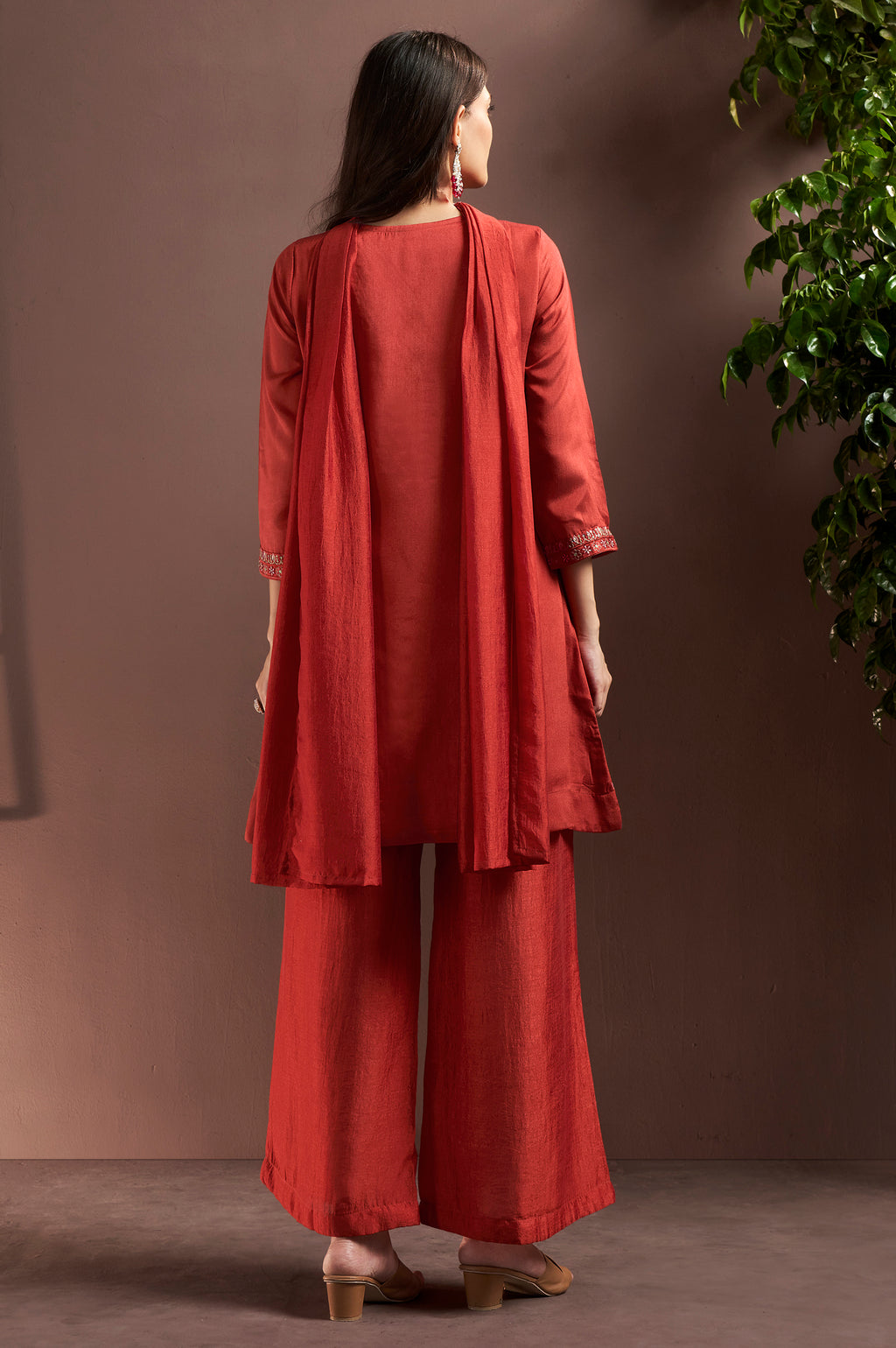 Rust Silk Blend Embroidered and Mirror work Straight Kurta Set with Choker Net Dupatta