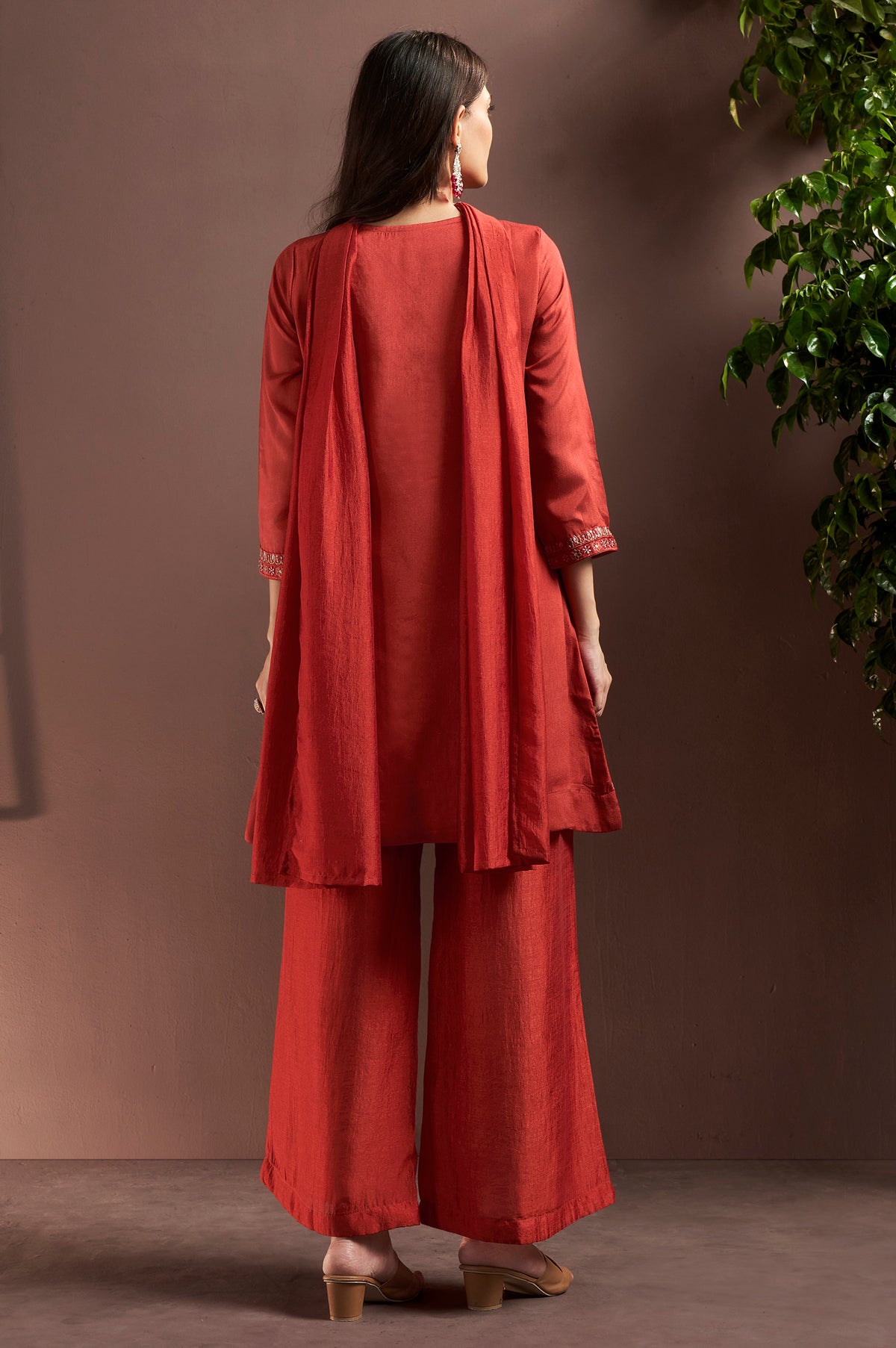 Rust Silk Blend Embroidered and Mirror work Straight Kurta Set with Choker Net Dupatta