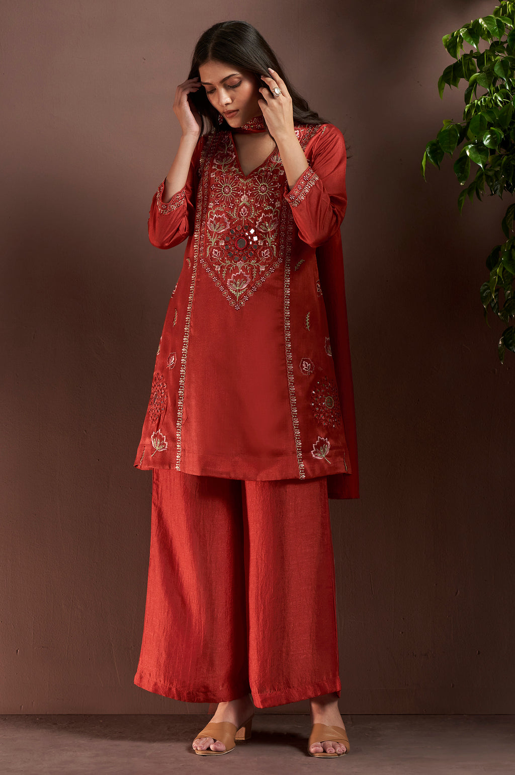 Rust Silk Blend Embroidered and Mirror work Straight Kurta Set with Choker Net Dupatta