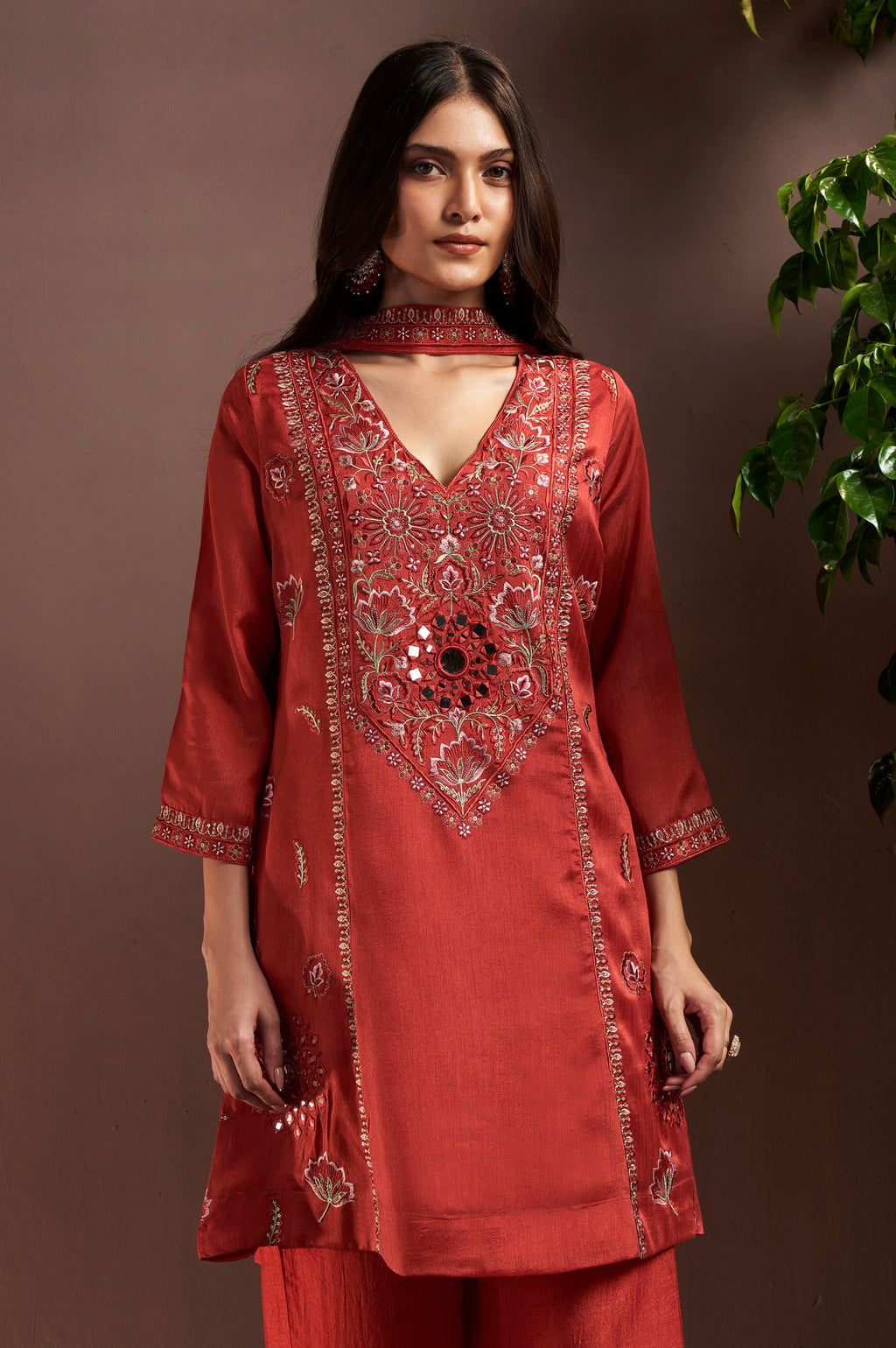 Rust Silk Blend Embroidered and Mirror work Straight Kurta Set with Choker Net Dupatta