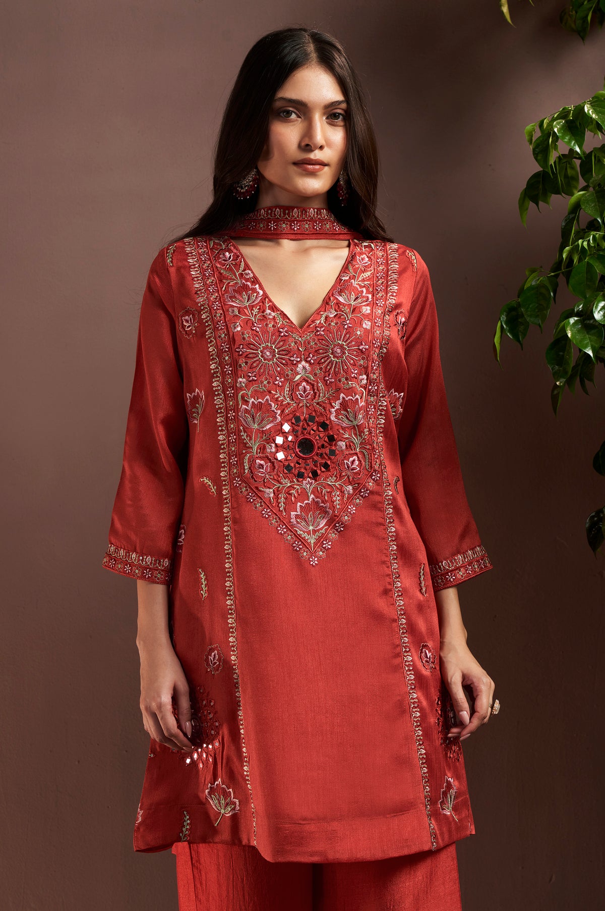 Rust Silk Blend Embroidered and Mirror work Straight Kurta Set with Choker Net Dupatta