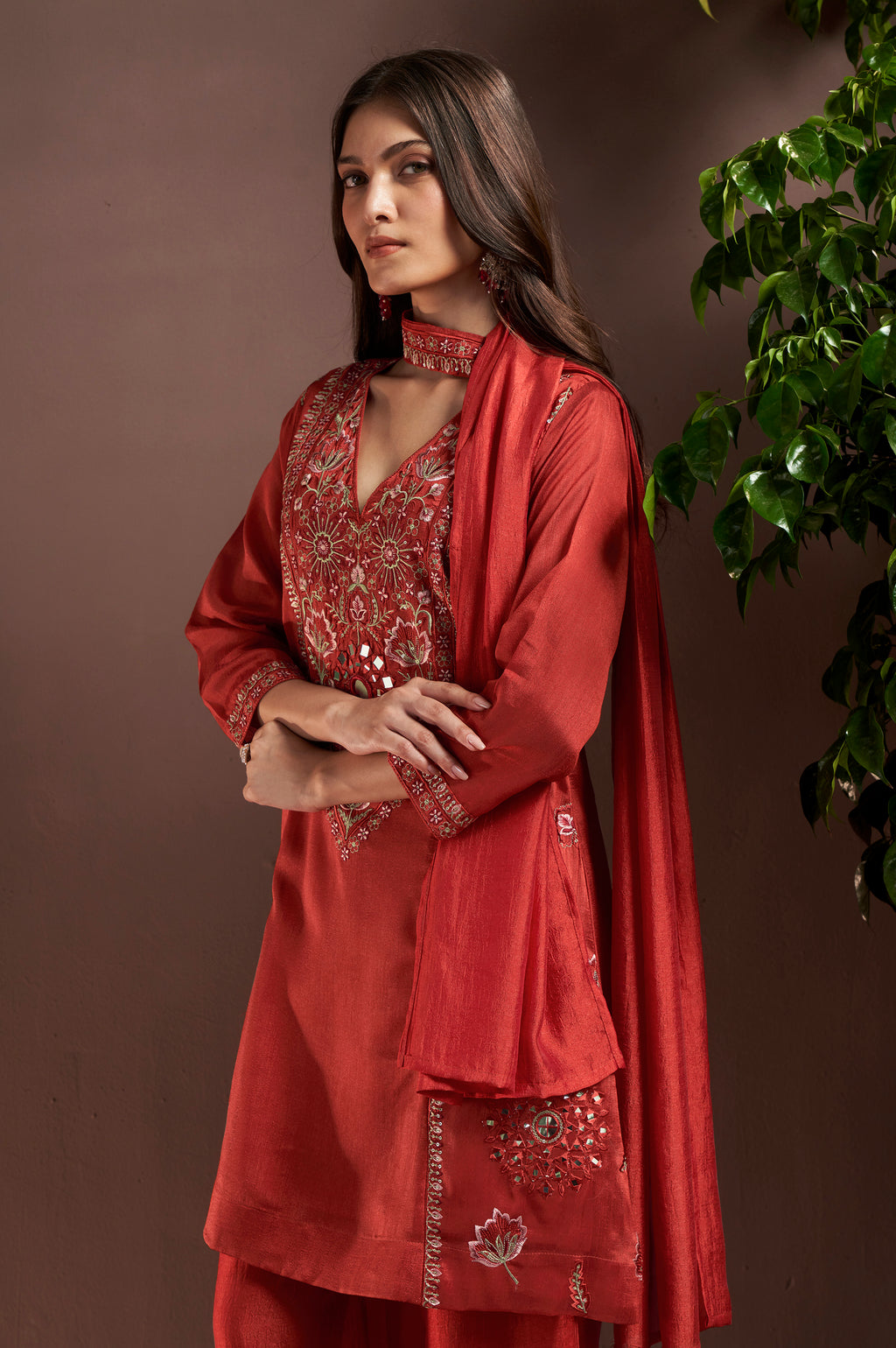 Rust Silk Blend Embroidered and Mirror work Straight Kurta Set with Choker Net Dupatta