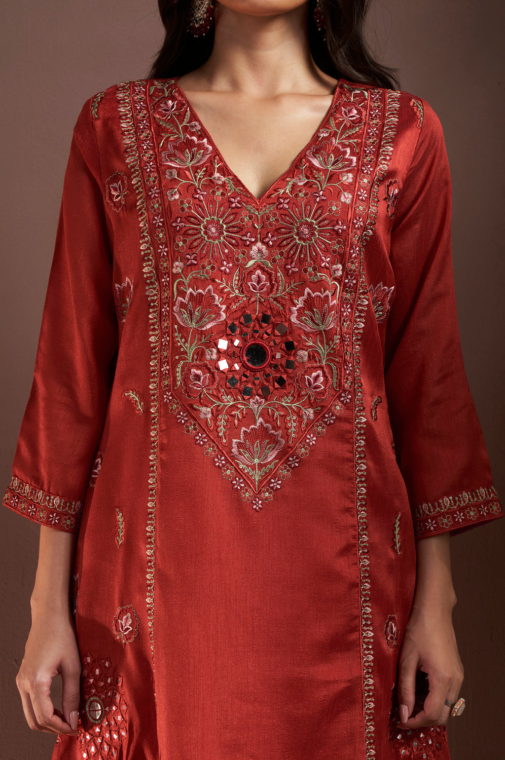 Rust Silk Blend Embroidered and Mirror work Straight Kurta Set with Choker Net Dupatta