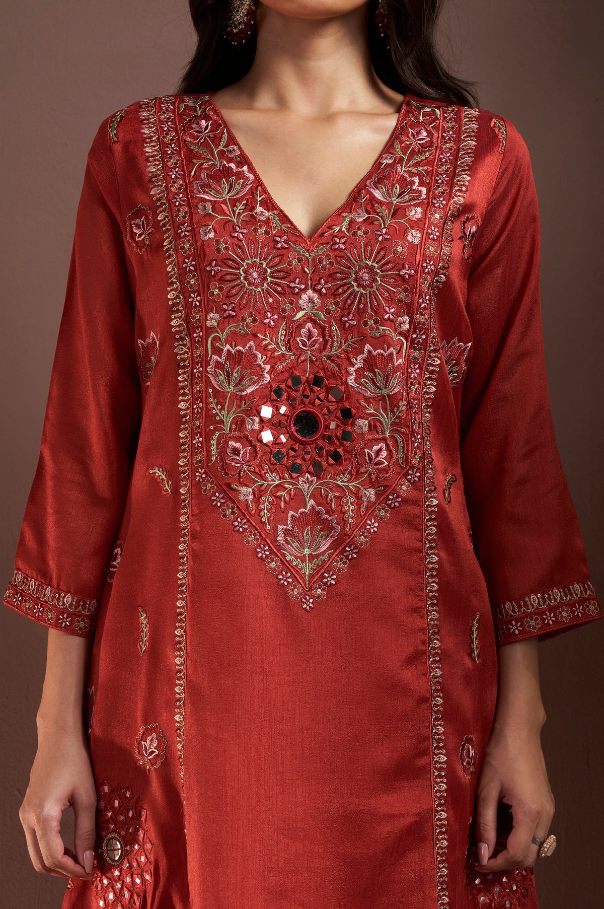 Rust Silk Blend Embroidered and Mirror work Straight Kurta Set with Choker Net Dupatta