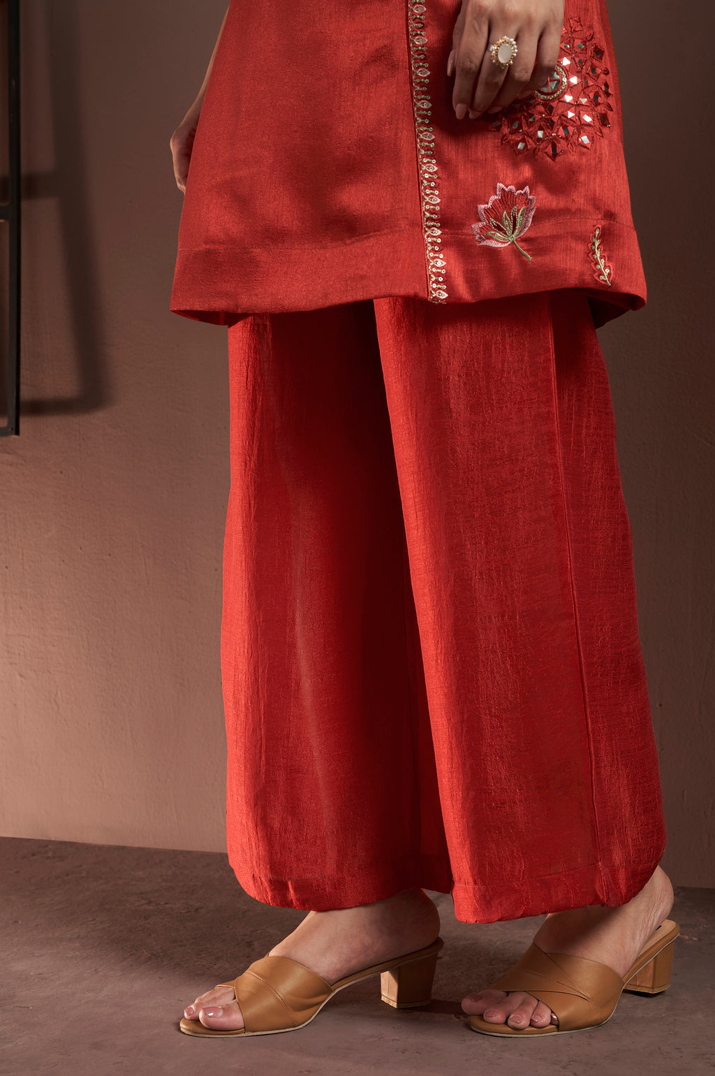 Rust Silk Blend Embroidered and Mirror work Straight Kurta Set with Choker Net Dupatta