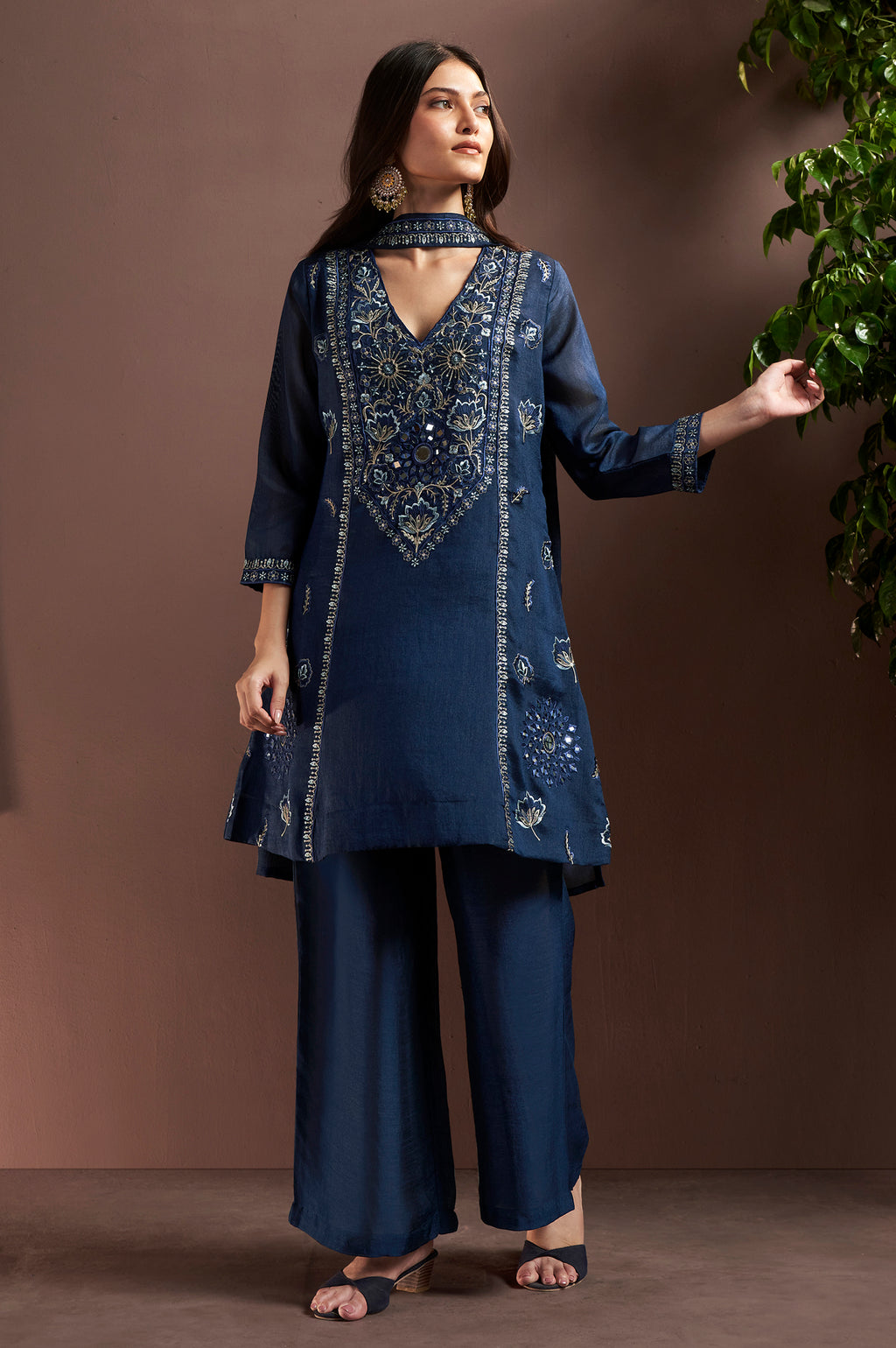 Navy Blue Silk Blend Embroidered and Mirror work Straight Kurta Set with Choker Net Dupatta
