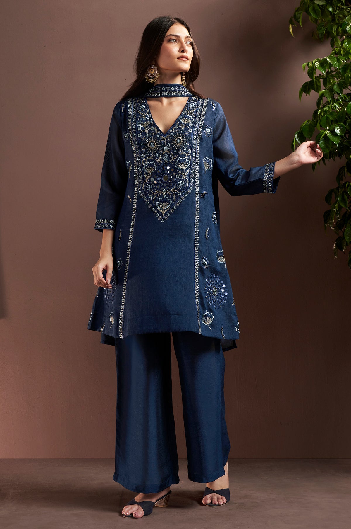 Navy Blue Silk Blend Embroidered and Mirror work Straight Kurta Set with Choker Net Dupatta