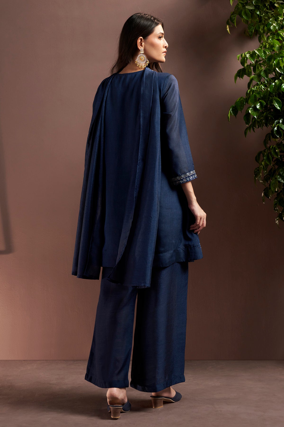 Navy Blue Silk Blend Embroidered and Mirror work Straight Kurta Set with Choker Net Dupatta