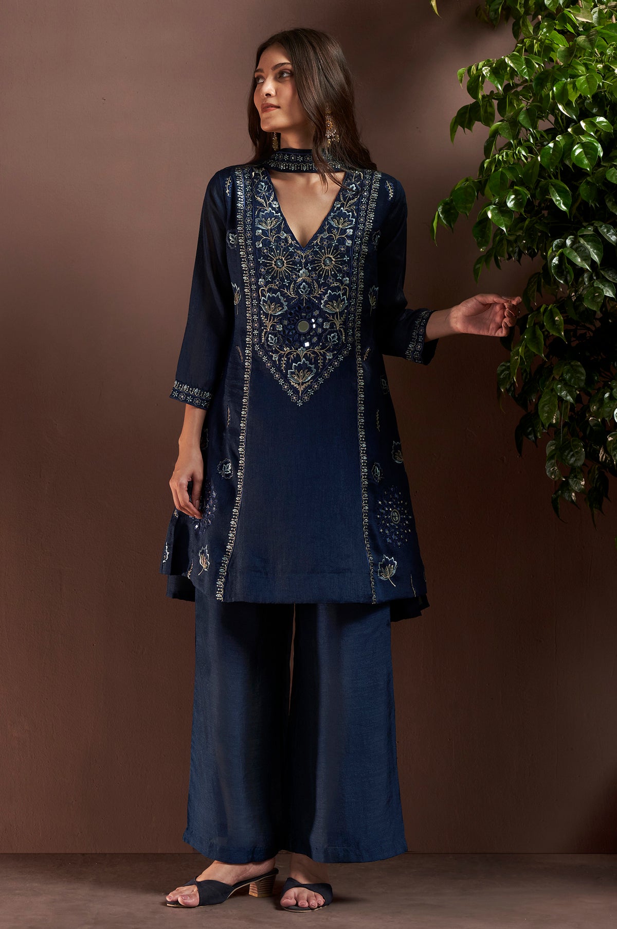 Navy Blue Silk Blend Embroidered and Mirror work Straight Kurta Set with Choker Net Dupatta