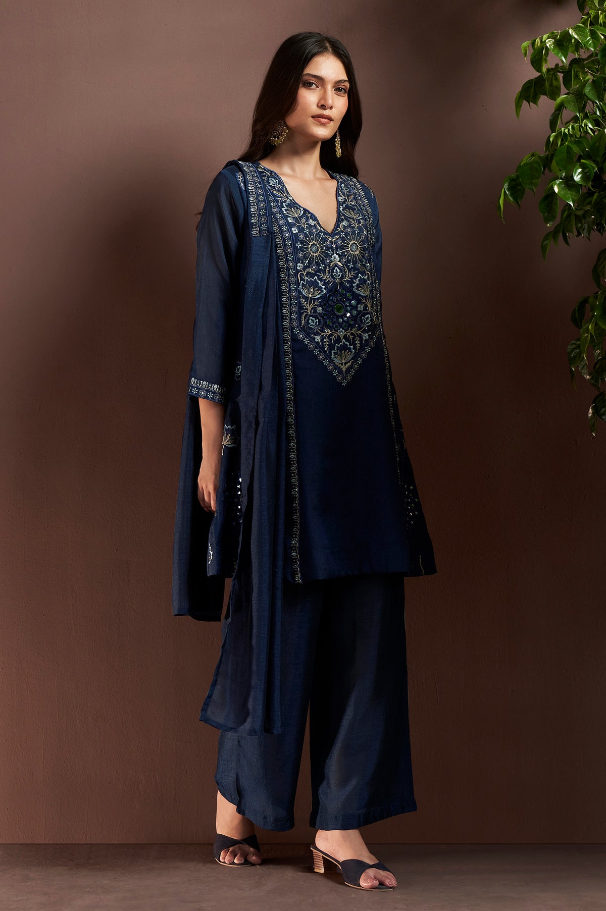 Navy Blue Silk Blend Embroidered and Mirror work Straight Kurta Set with Choker Net Dupatta