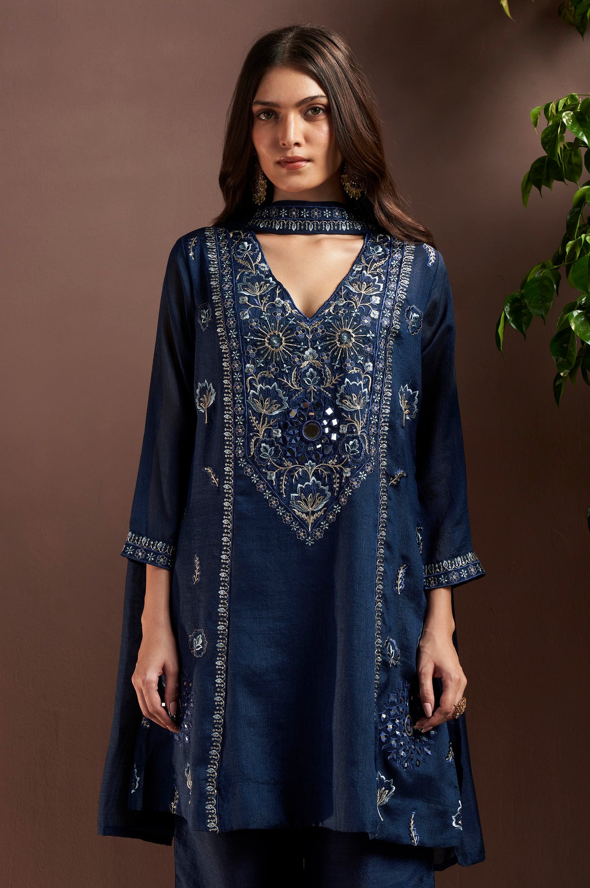 Navy Blue Silk Blend Embroidered and Mirror work Straight Kurta Set with Choker Net Dupatta