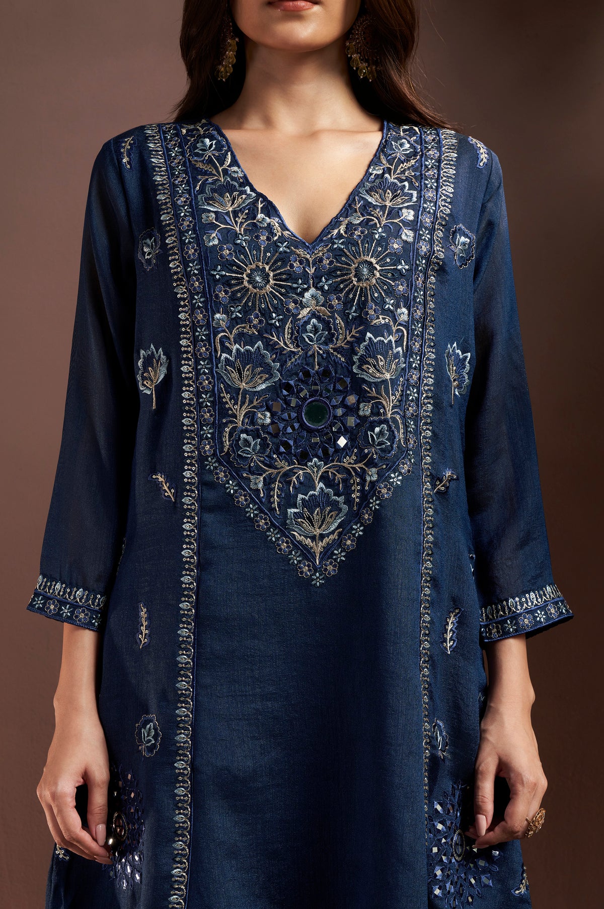 Navy Blue Silk Blend Embroidered and Mirror work Straight Kurta Set with Choker Net Dupatta